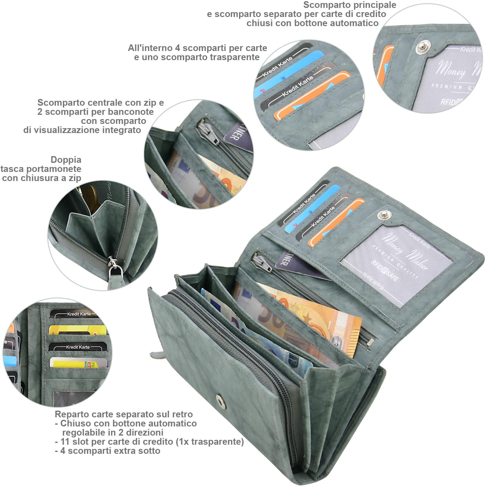 Portafoglio Donna In Pelle Con Chiusura A Pulsante - 15+ Tasche Carte, 2 Scomparti Banconote, RFID - Foto 12