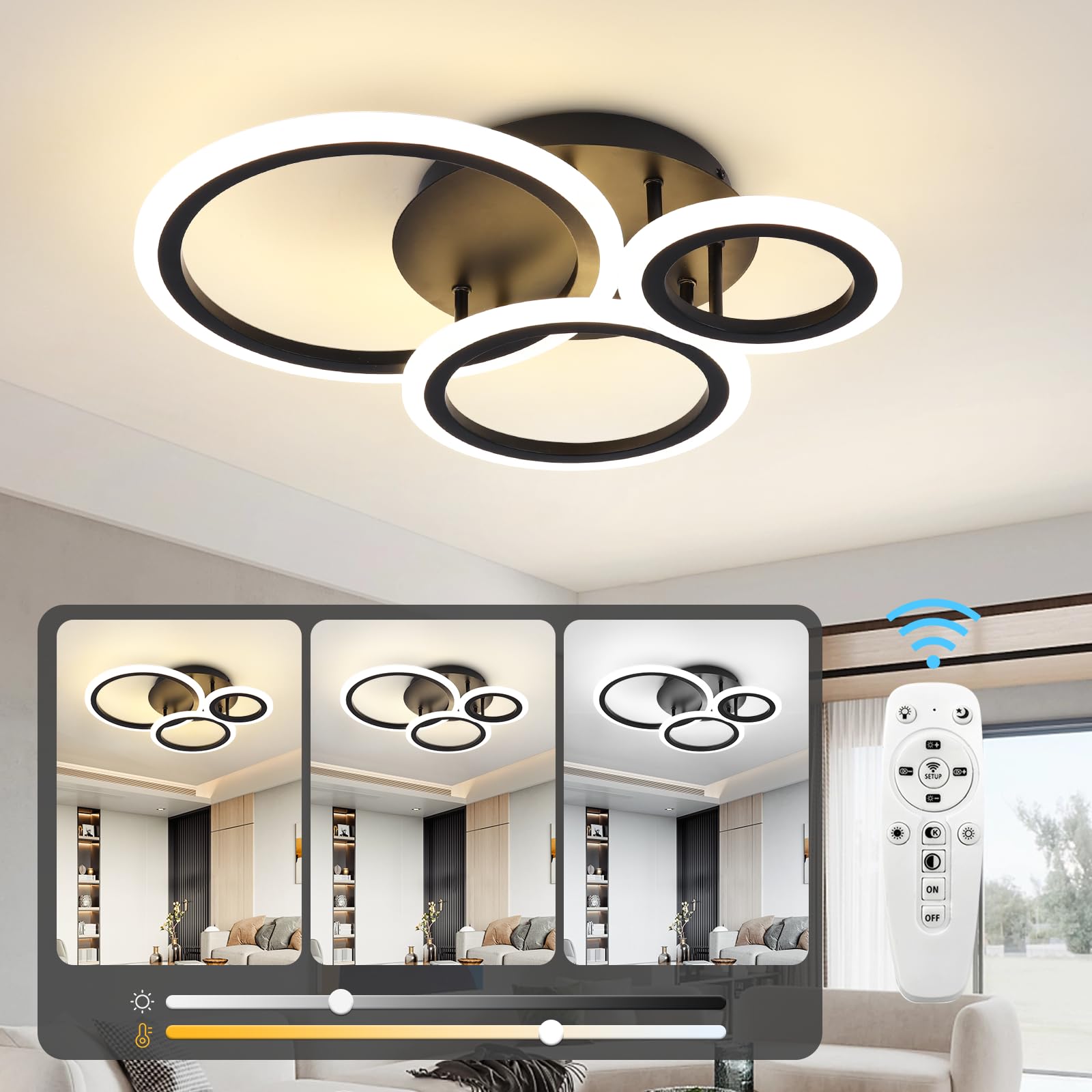 EIDISUNY Modern Led Dimmable Ceiling Light, 3 Circle Black Ceiling Lights wit...