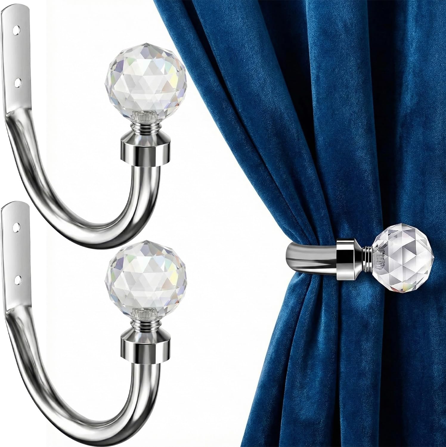 Cnwinu 2 Pieces Crystal Ball Curtain Holdbacks,U Shaped Metal Wall Mounted Tie Backs for Curtains,with Screws,Silver Decorative Curtain Tie Backs Hooks for Hanging Curtains and Other Items