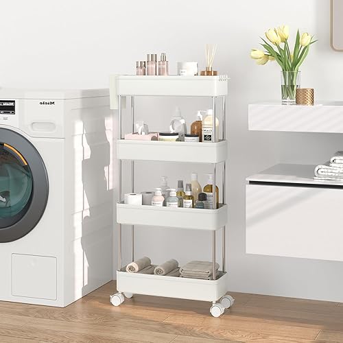 VECELO Carrito rodante de almacenamiento, carrito utilitario de 4 niveles, organizador de almacenamiento móvil delgado con ganchos para ruedas y