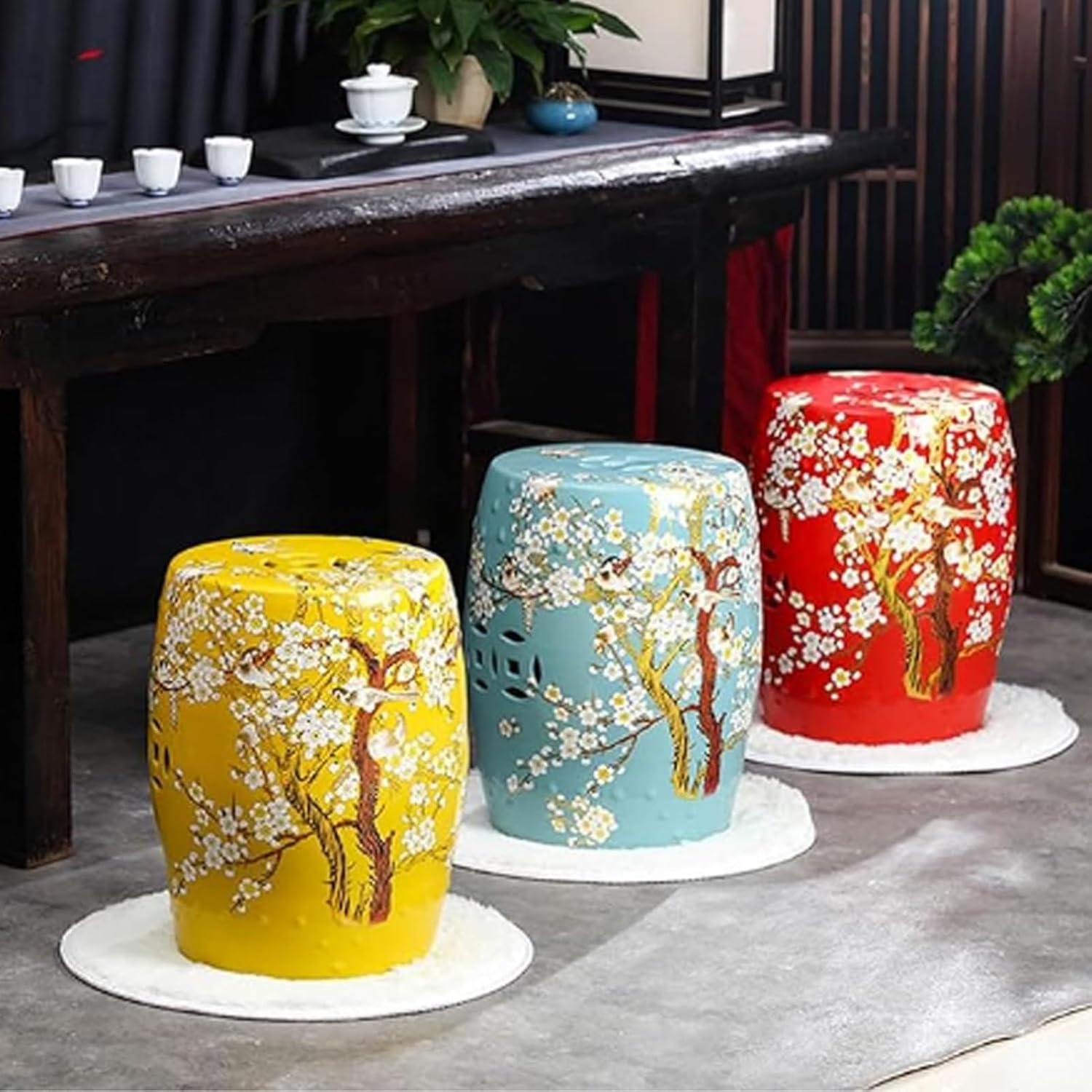 Chinese-Style Drum Stool, Ceramic Decorative Garden Stool, Flower Stand, Glazed Hand-Painted Stool, Garden Decorations for Yard, Patio, Porch, Backyard(Brown)