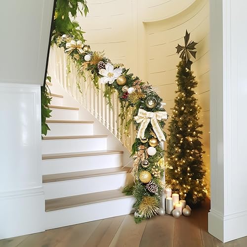 Miniatura 7 de WBHome Guirnalda de Navidad preiluminada de 6 pies72 pulgadas, guirnalda iluminada blanca y dorada con 35 luces LED para decoración de Navidad en