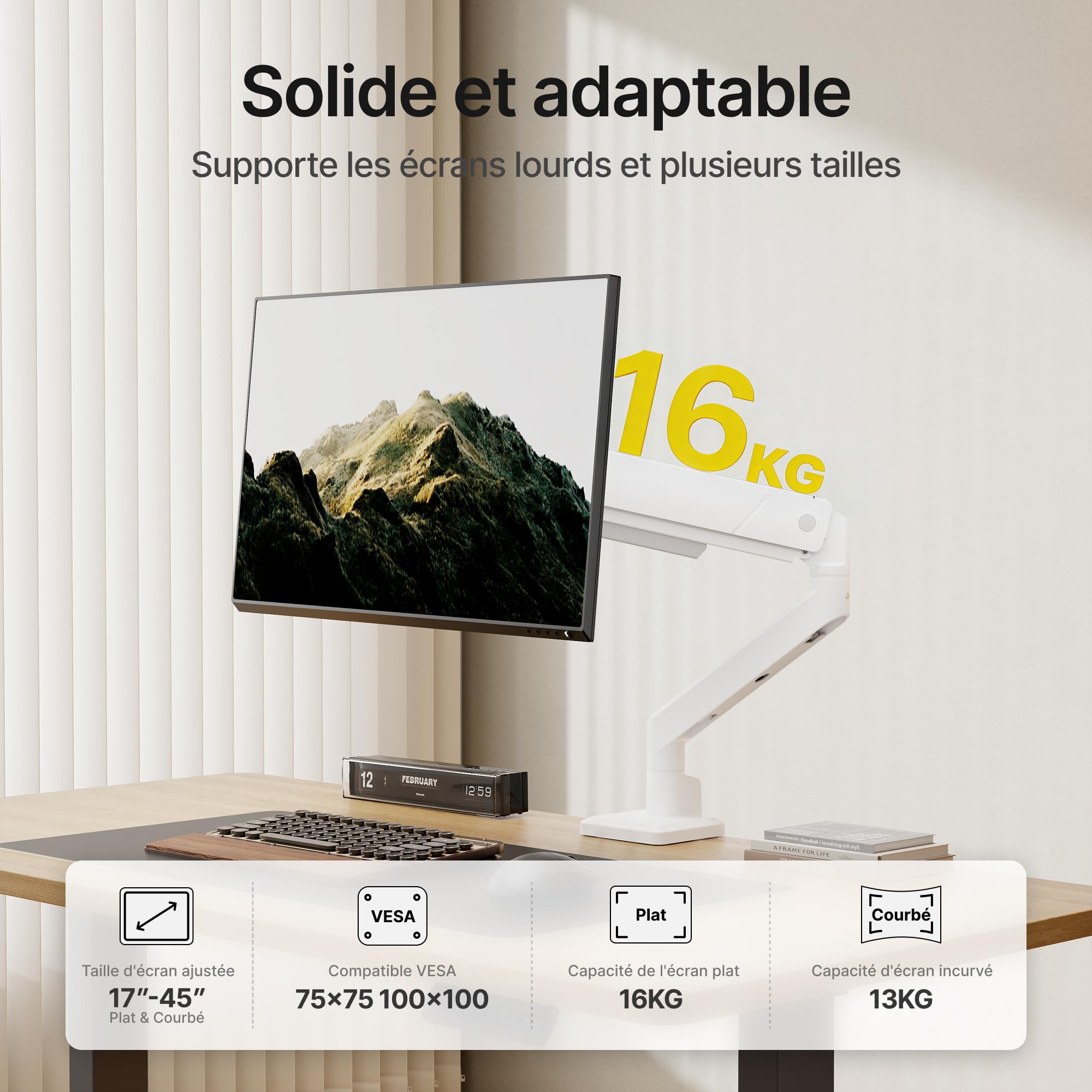 monTEK Bras Ecran PC Blanc pour Écran 17-45" jusqu'à 16kg, VESA 75/100mm