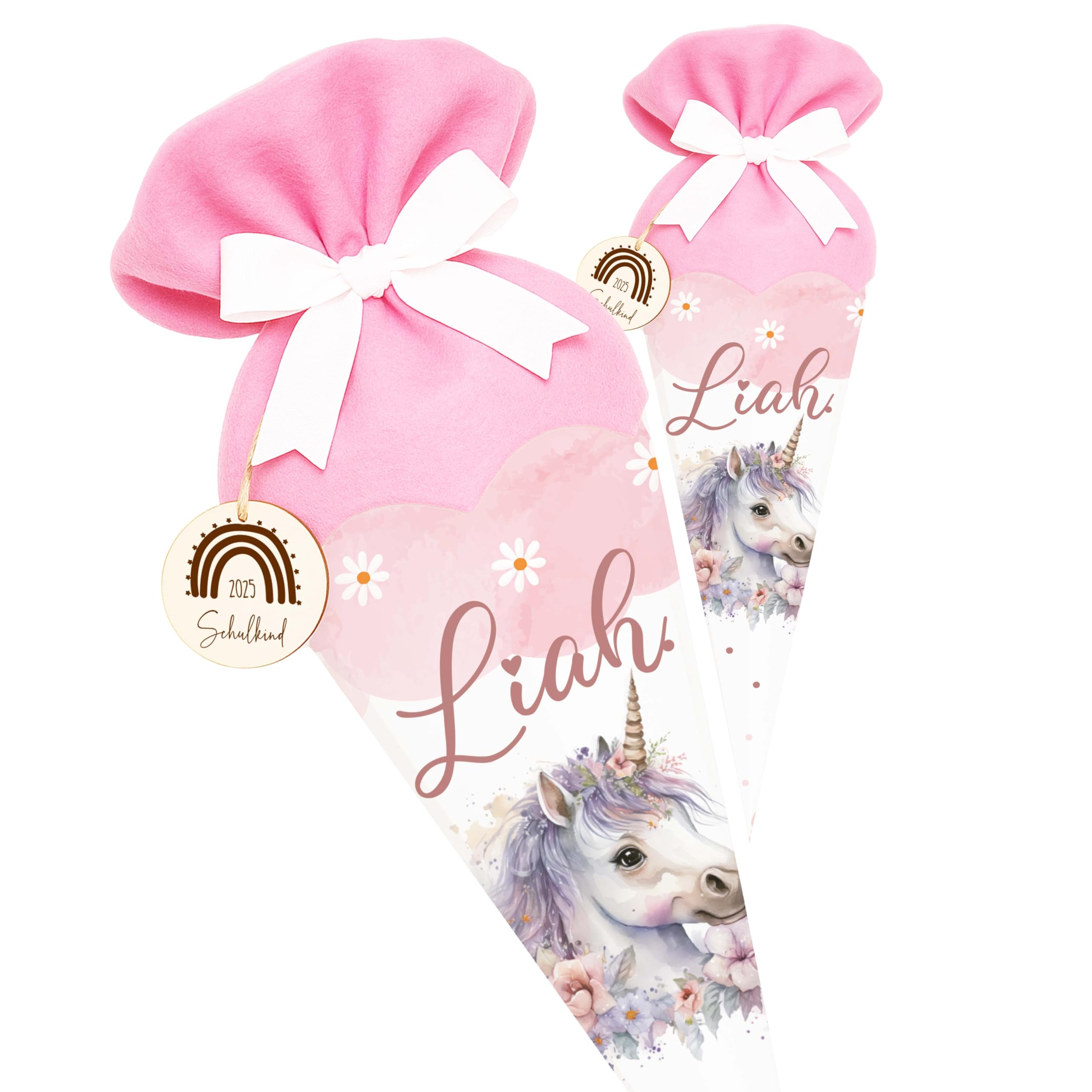 Personalisierte Schultüte mit Filz-Stoff & Holzschild, Zuckertüte zur Einschulung Mädchen Jungen 2026 - Einhorn Rosa