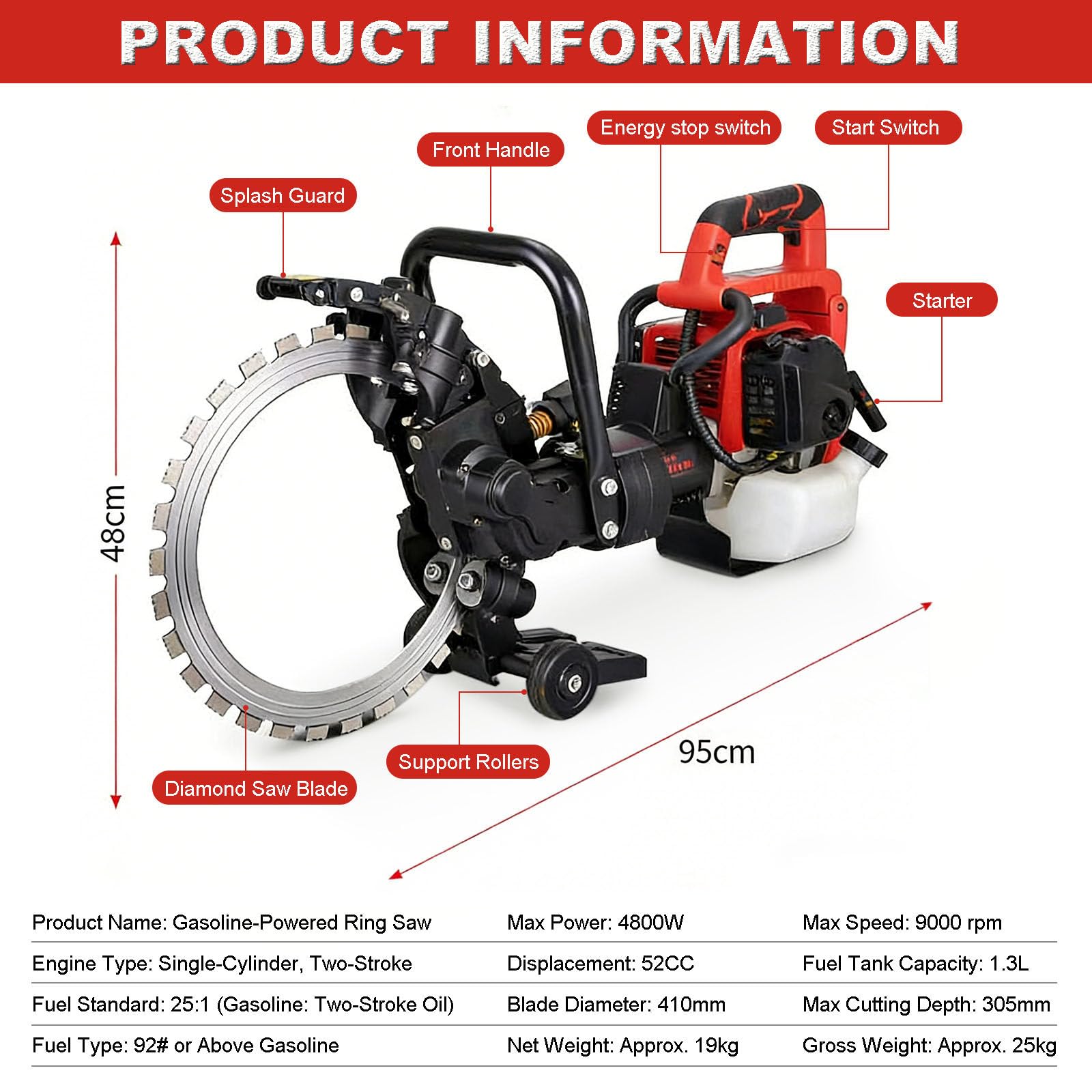 Sierra de Hormigón a Gas Inalámbrica 16" – 4800W 9000RPM Sierra de Corona Húmeda con Control de Polvo, Profundidad de Corte de 12" para Asfalto, Granito, Renovación & Trabajos Viales