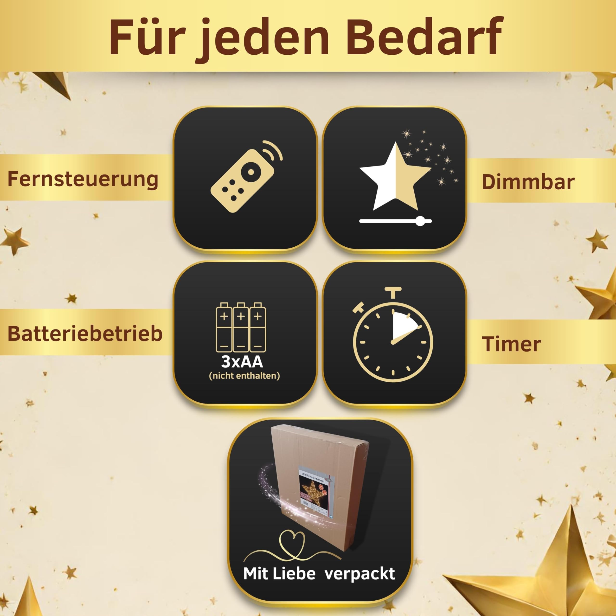 Batteriebetriebener LED Weihnachtsstern Gold mit Fernbedienung & Timer - dimmbar - Dekostern beleuchtet mit warmweißen LEDs für Innen und Außen Weihnachtsdeko Fensterdeko (160 LEDs - B57xH54xT8)