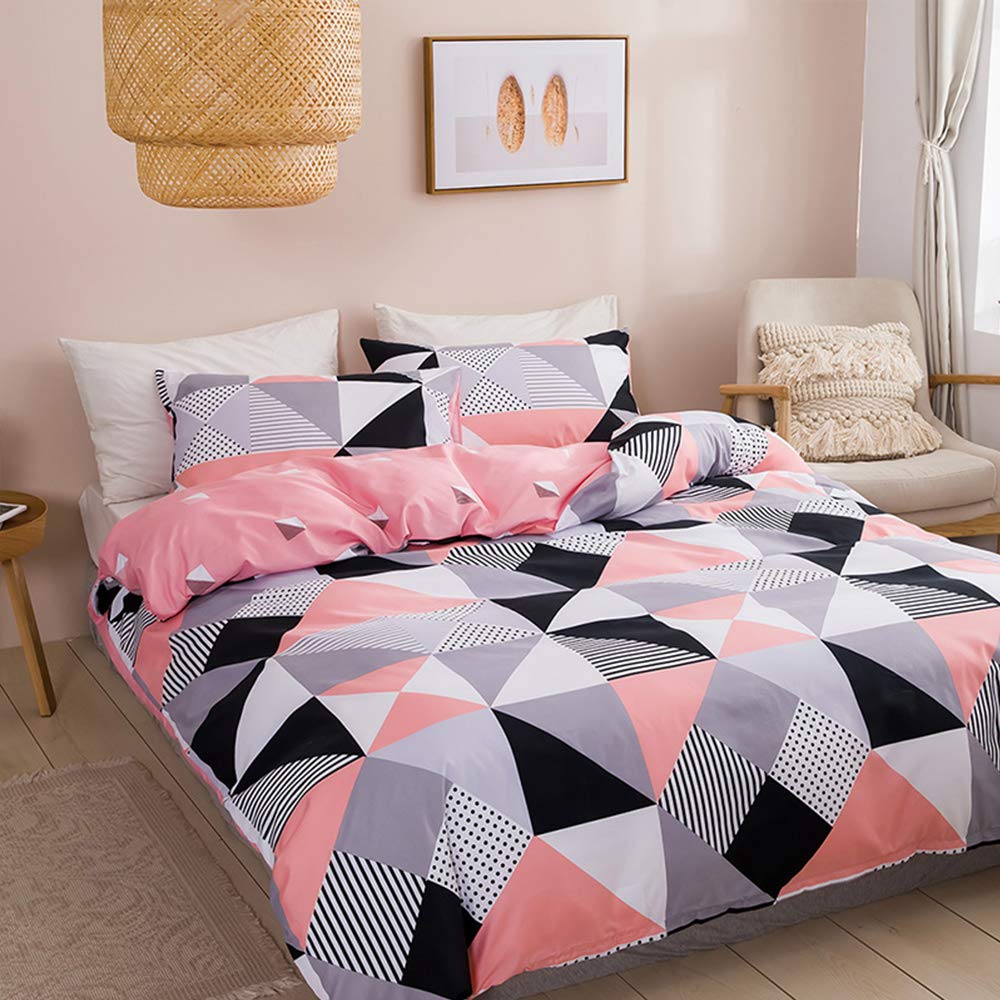 CCoutueChen Pink Geometric Duvet Cover Set Twin Micorfiber Colourful Triangle Grid Check Plaid for Kids Comforter Cover Soft Modern Bedding Set for Home Decoration