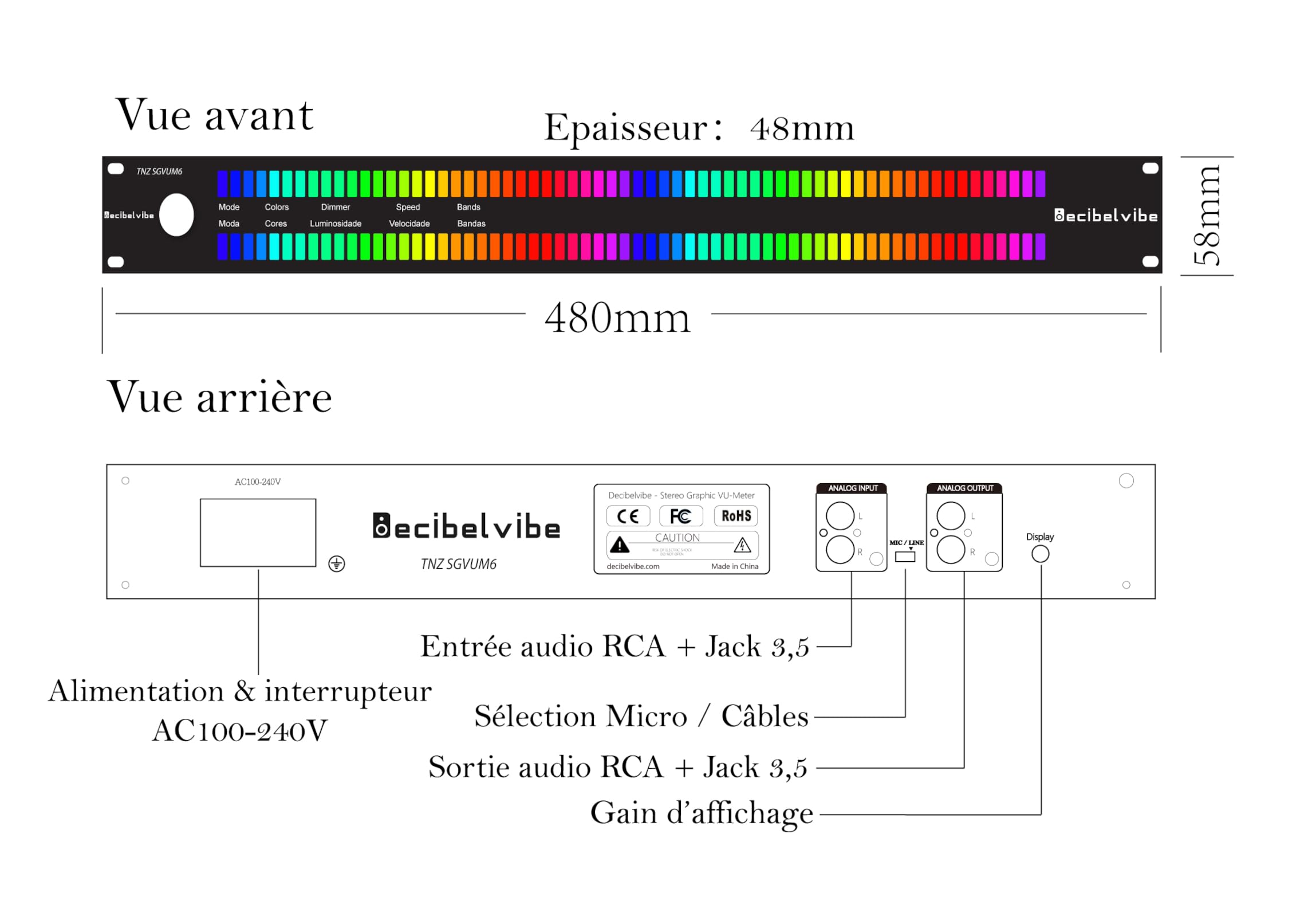 Decibelvibe TNZ SGVUM6 - VU-Mètre avec entrée/Sortie RCA-Jack 3.5, entrée sans Fil Via Microphone Intégré, 19 Couleurs, pour Systèmes Audio HiFi, Home Cinéma, Sono Professionnelle, DJ (Argent)
