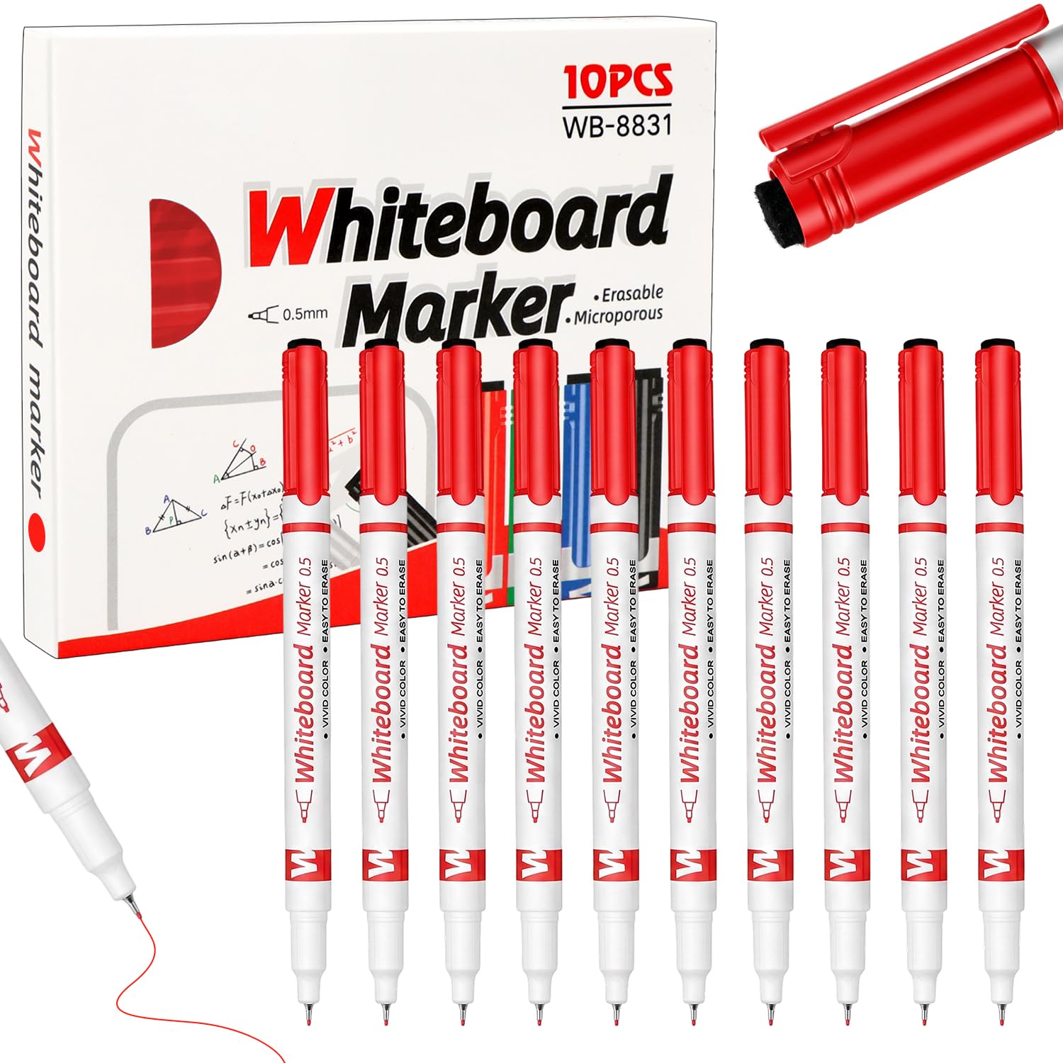 MOTIBACK Whiteboard Pens, 10 Pack Red Fine Tip 0.5mm Dry Erase Markers, Low-Odor White Board Pens Colour, Erasable Whiteboard Markers for Office — image 1
