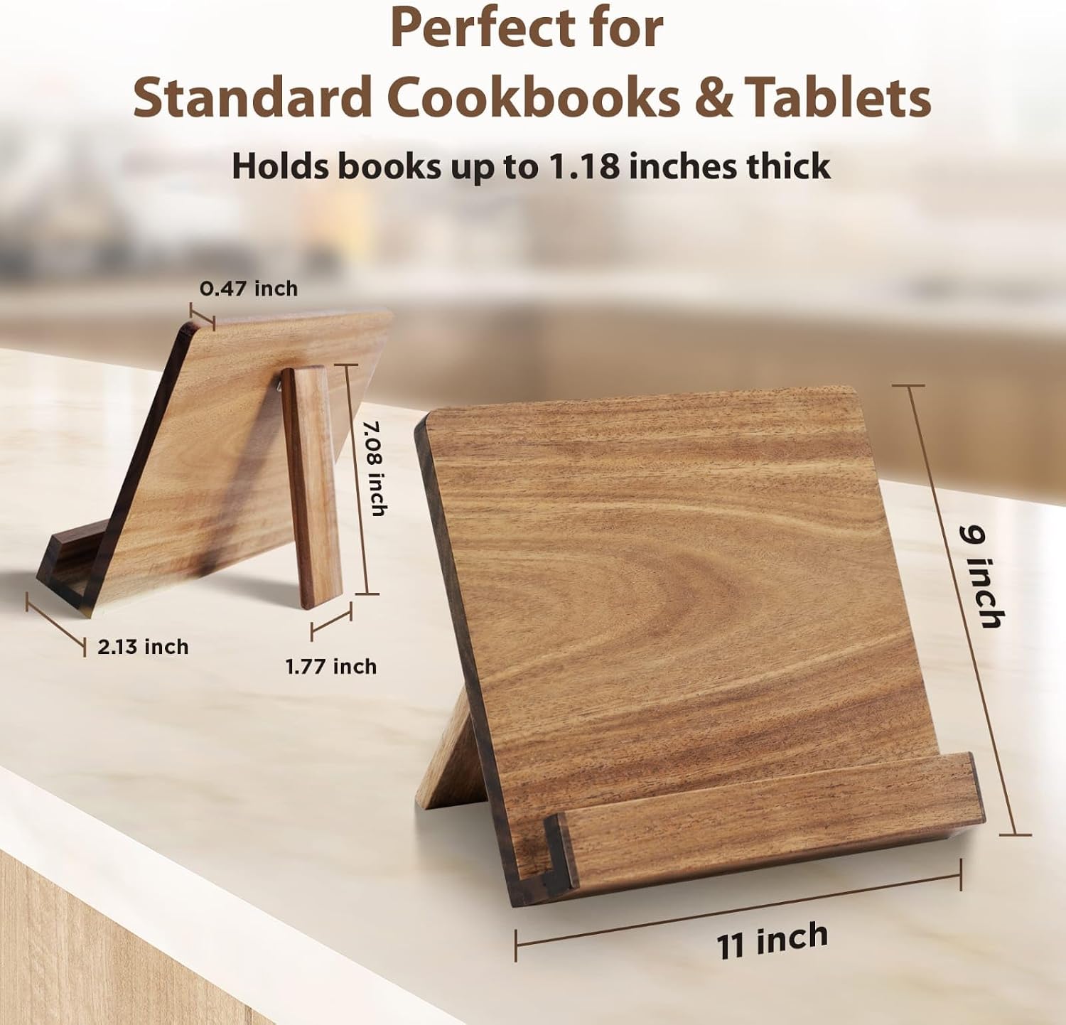 Acacia Wood Cookbook Stand – Adjustable Recipe Book Holder for Kitchen Counter, Sturdy Wooden Stand Fits Thick Cookbooks, iPads & Tablets