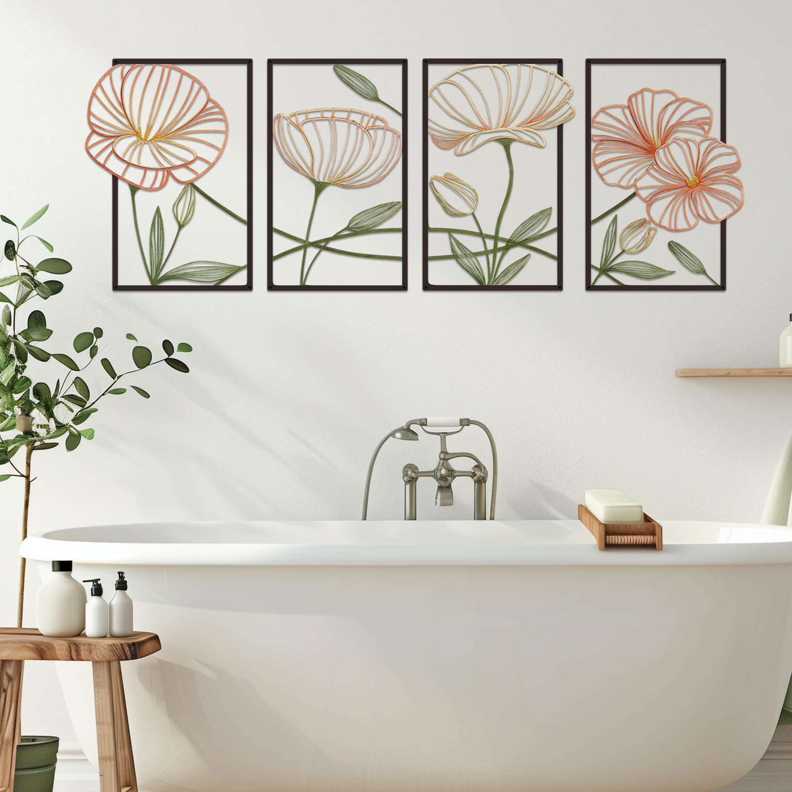 ESTART Dekor 4 Stück Metall Lotusblume Wanddekoration, Abstrakte Blumen Ästhetische Spleißlinie Kunst, Minimalistische Hängende Wandskulptur für Wohnzimmer Schlafzimmer Büro und Yogazimmer (Bunt)