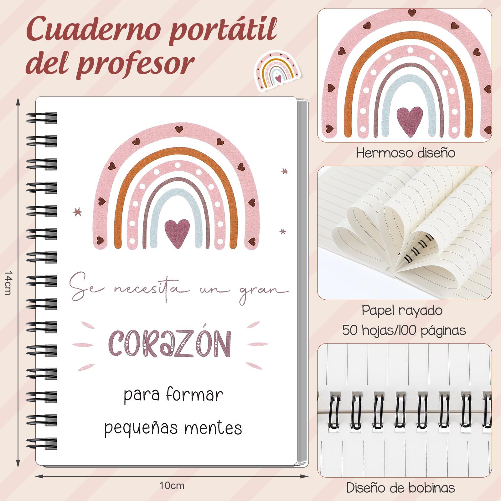 Sinmoe 3 Regalos de Agradecimiento para Maestra Profesora Cuaderno en Espiral Bolígrafo Retráctil y Llavero para Fin de Curso Despedida Cumpleaños Graduación Jubilación(Arcoíris,Blanco)