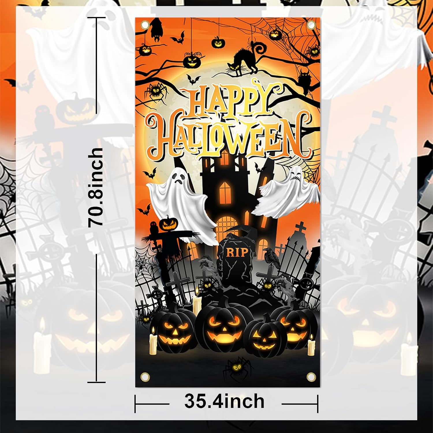 Avezano Halloween Door Cover Haunted House Scary Cemetery Banner Happy Halloween Door Decorations Indoor Outdoor (Orange)