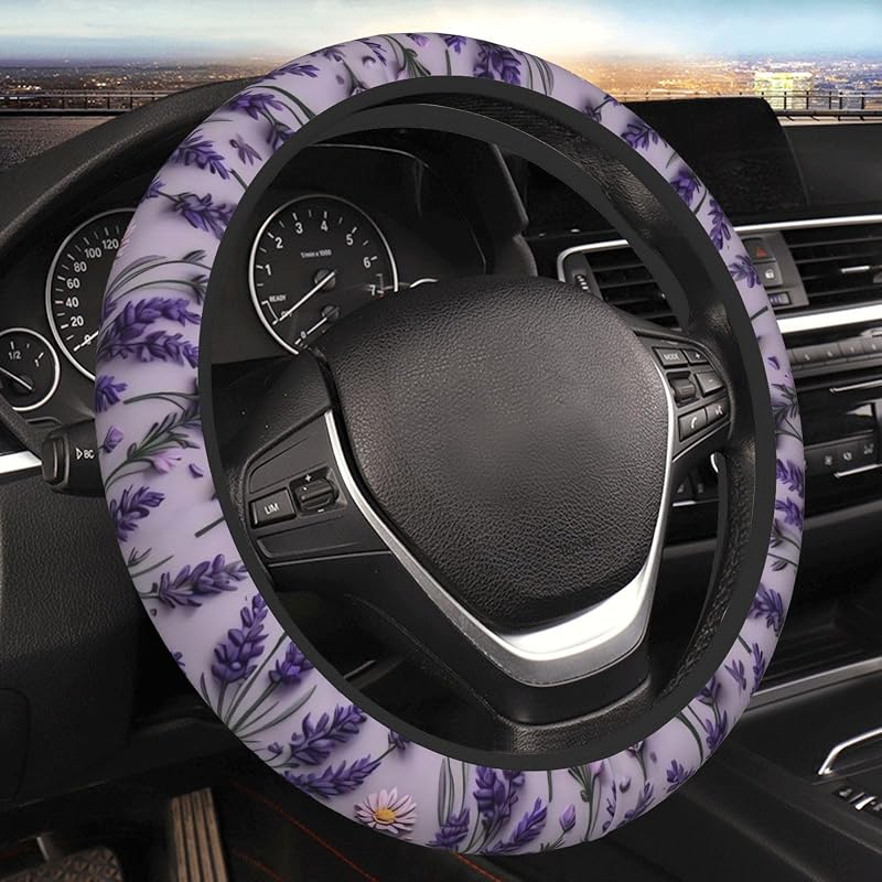 Capa para Volante Automotivo SAKTEPLE em Neoprene Roxo Lavanda Floral para Volantes de 36,8 a 38,1 cm