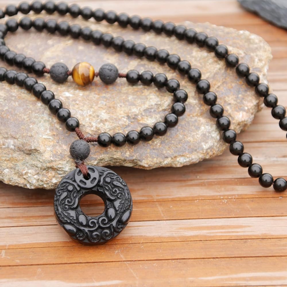 Natural Tiger Eye Stone Necklace - Adjustable Rope, Black Obsidian Option, Protection Amulet Gemstone Jewelry - View #11