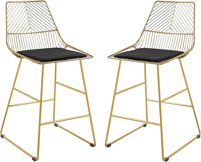 HOMCOM Set of 2 Bar stools Modern Counter Height Wire Metal Bar chairs for Kitchen, Bar Counter, Gold