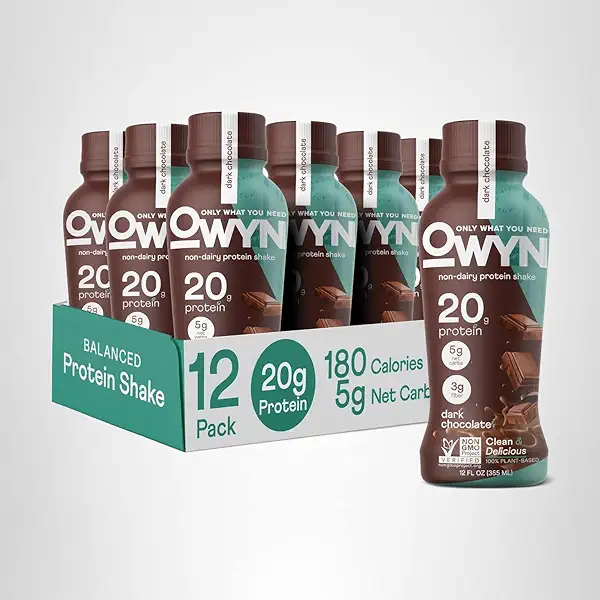 OWYN Only What You Need Plant Based Protein Shake, Dark Chocolate, 20g Vegan Protein from Organic Pumpkin seed, Flax, Pea Blend, Omega-3, Prebiotic supplements, Gluten and Soy-Free, (12 Pack) 7