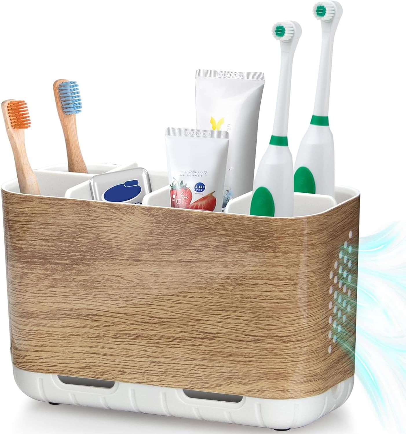 Boperzi Toothbrush and Toothpaste Holder Wood Grain for Bathroom Countertop with Adjustable Dividers, Toothpaste Caddy Organizer Storage Rustic Decor Set Freestanding Anti-Slip for Shower,Family,Kids
