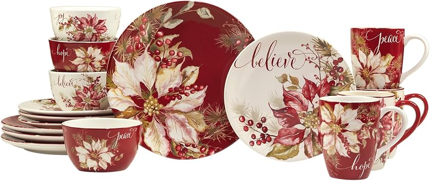 Winters Joy 16 Piece Dinnerware Set Service for 4 Multi Color Red White Holiday Casual Round Ceramic Dishwasher Safe Microwave