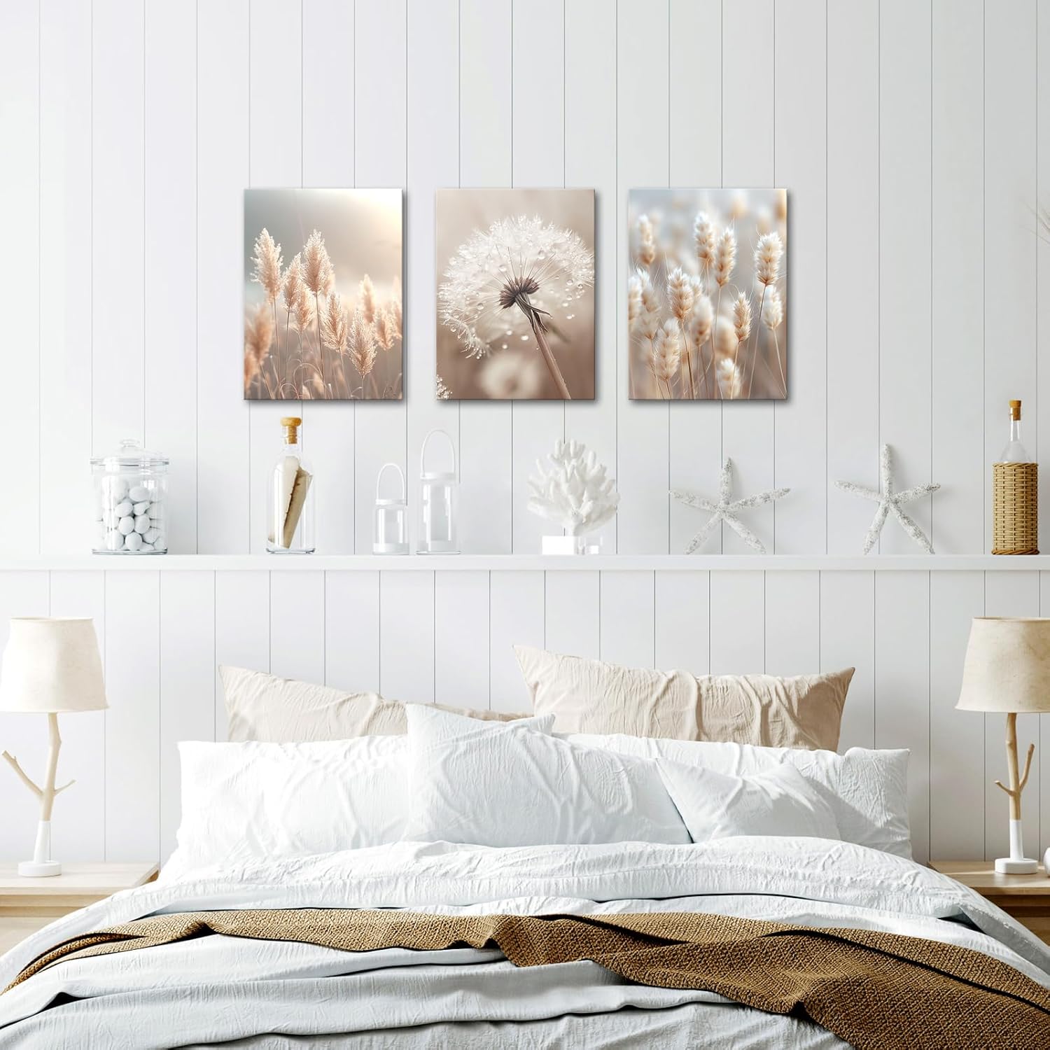 AoArtWZ Dandelion Canvas Wall Art Beige Pampas Plant Flower in Sunshine Picture Prints Artwork for Home Living Room Decor Framed 12" x 16" x 3pcs