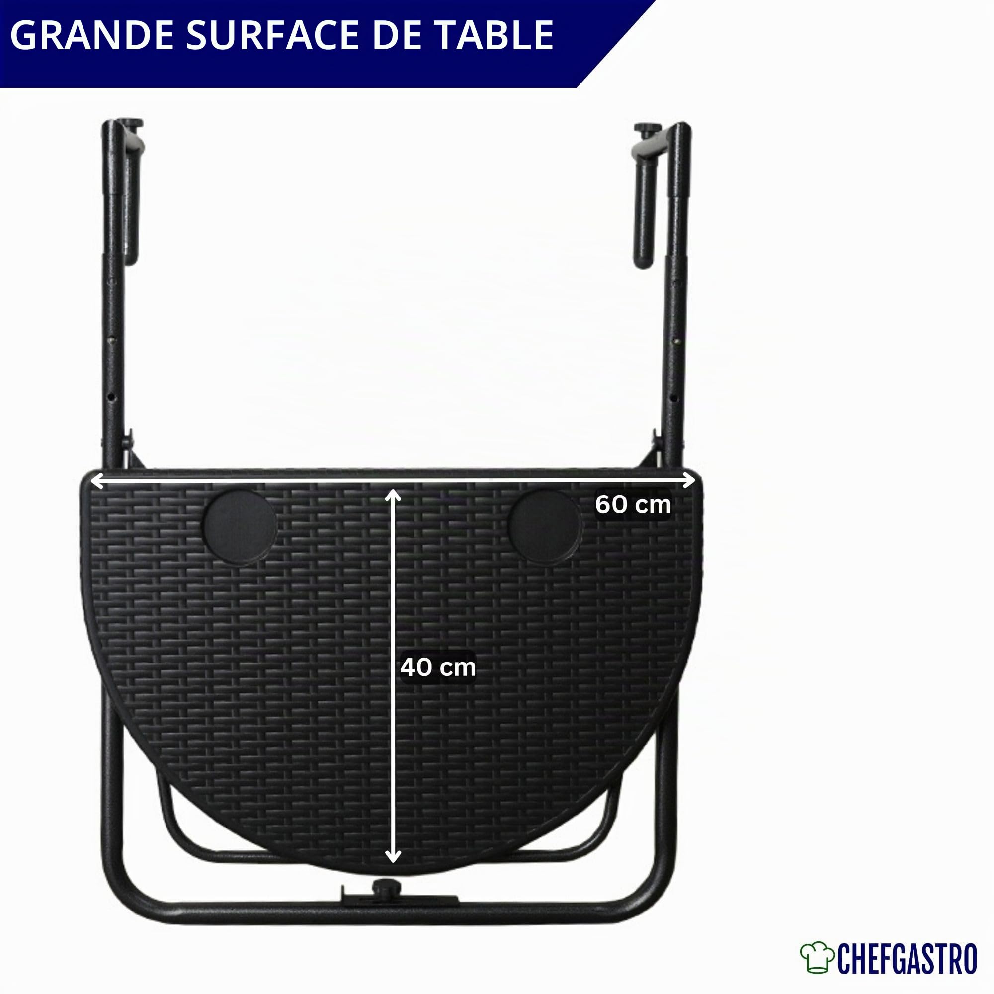 CHEFGASTRO Table Suspendue pour Balcon, Pliable | LxP 60x40 cm | 3 Niveaux de réglage en Hauteur | résistante aux intempéries | Aspect rotin, Noir