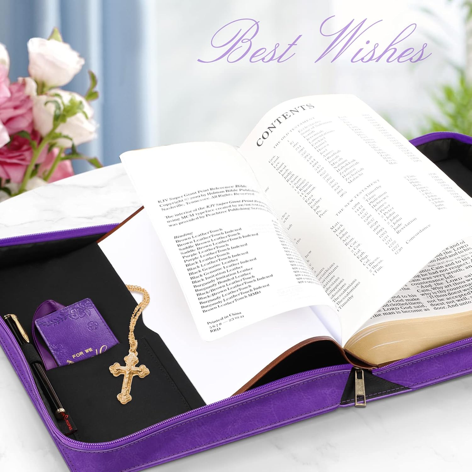 FINPAC Large Classic Bible Cover Vegan Leather Carrying Book Case Church Bag Bible Protective with Handle, Gift for Women, Mother, Friends, Purple