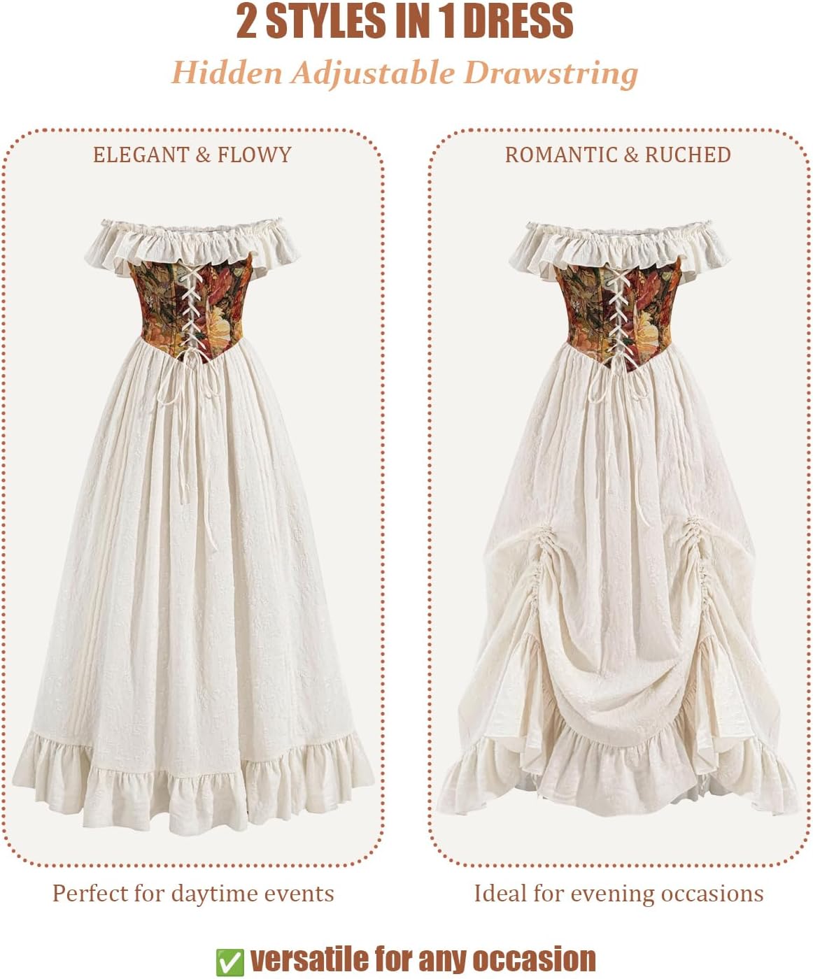 NSPSTT White Renaissance Dress Women Medieval Costume Plus Size Fairy Corset Long Dress Halloween Outfit