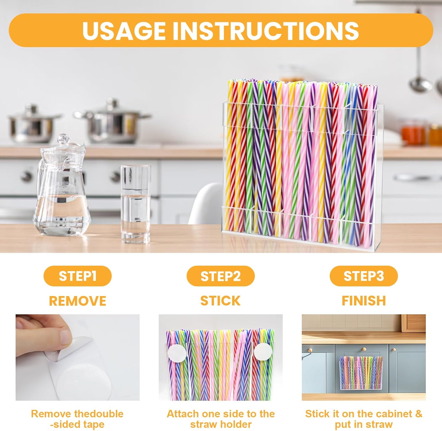Acrylic Straw Holder for Cabinet Door - Clear Magnetic Straws Storage Container with Adhesive & Stickers, Reusable Straws Dispenser, Space-Saving Straw Organizer for Kitchen - Image 4