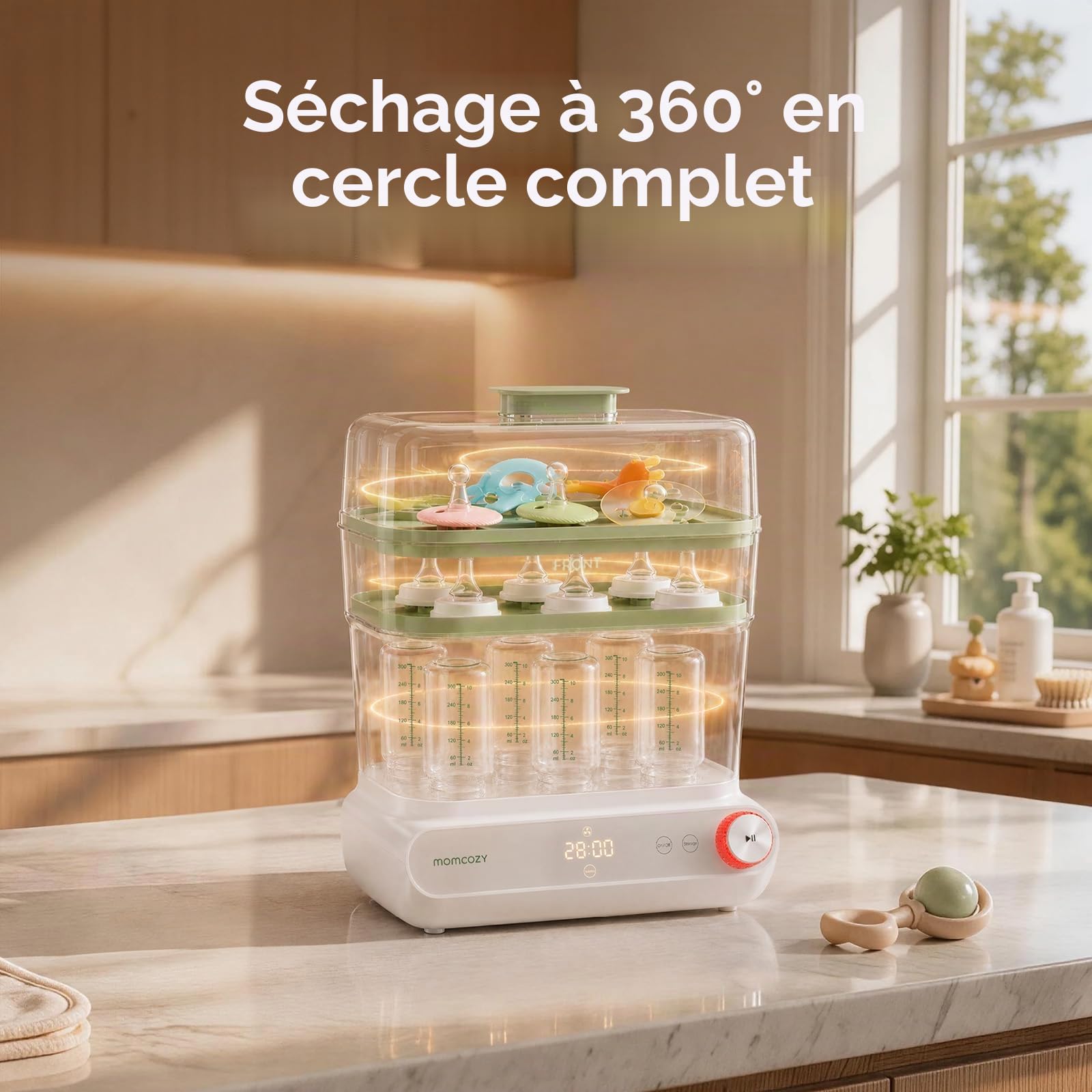 Momcozy Stérilisateur et séchoir à biberons à 3 couches, stérilisation et séchage rapides, stérilisateur universel pour tous les biberons et accessoires de tire-lait, écran tactile et désinfectant de