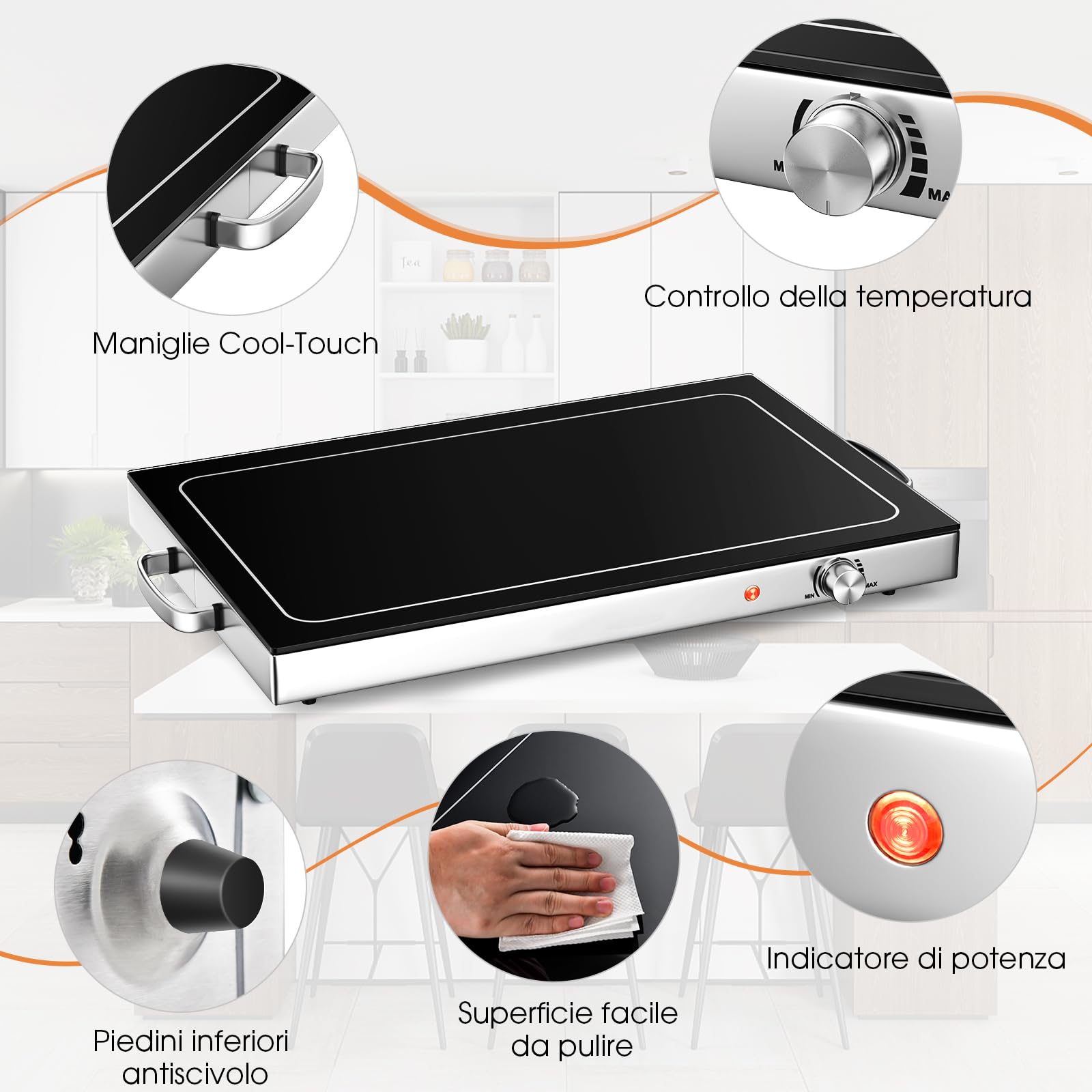 GYMAX Vassoio Scaldavivande Elettrico, Scaldavivande con Temperatura Regolabile in Acciaio Inox, Scaldavivande per Buffet con Superficie in Vetro e Maniglie Fredde, 56 x 36 cm
