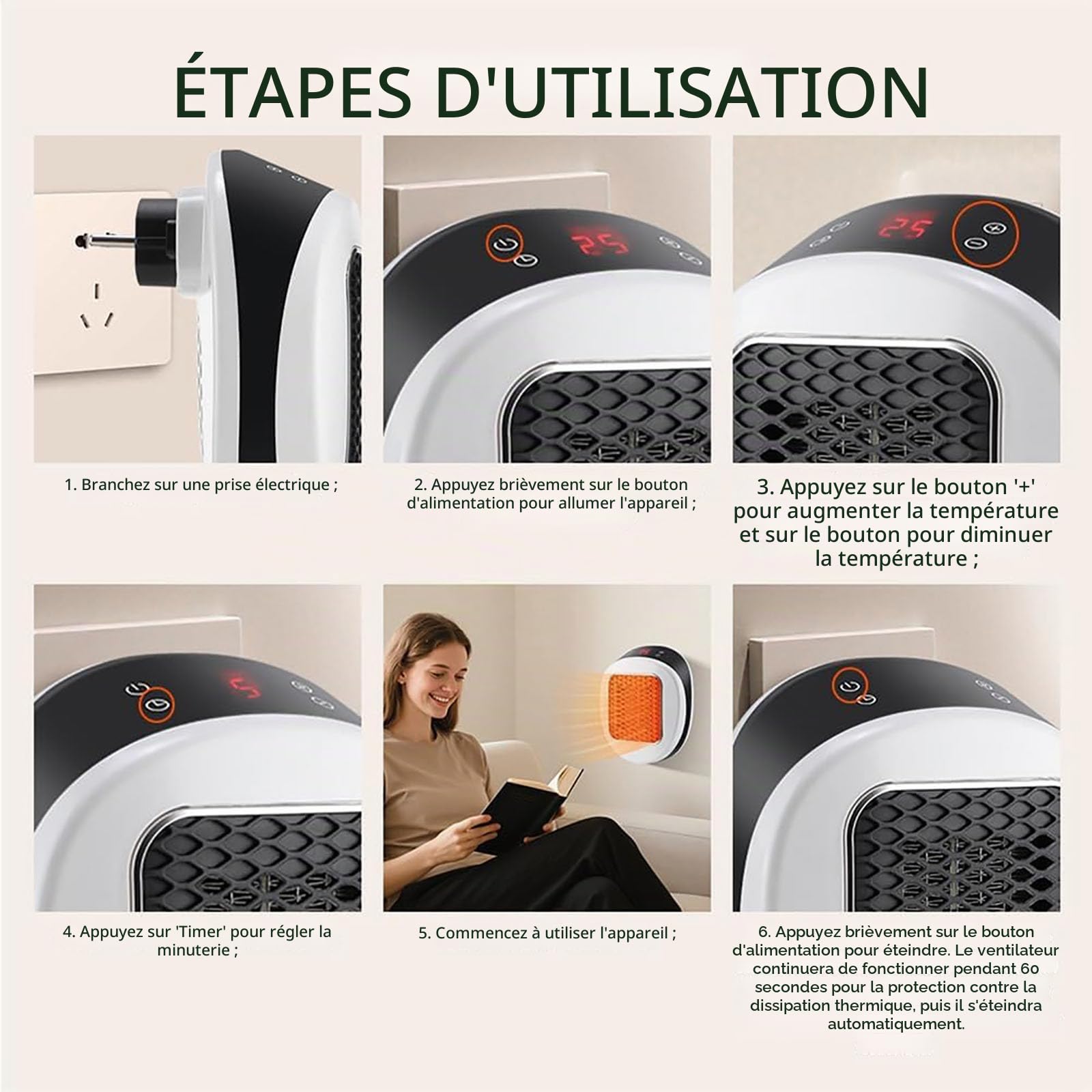 Réfacteur portable Lunaheater - chaleur en céramique instantanée en 30 secondes, mini radiateur d'espace 600 W avec bougie rotative, thermostat réglable, affichage LED et télécommande (White)