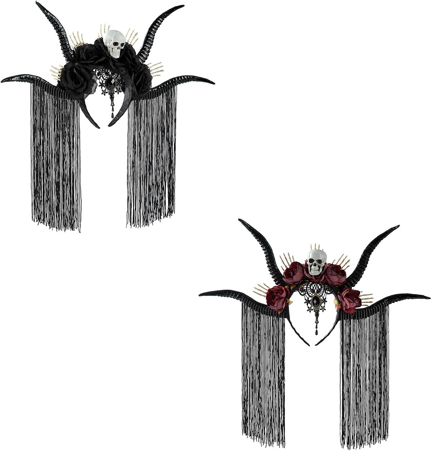 Halloween Dark Artificial Flower Skull Antelope Horn Headpiece,Gothic Hairband For Festival Party Roleplay Accessory