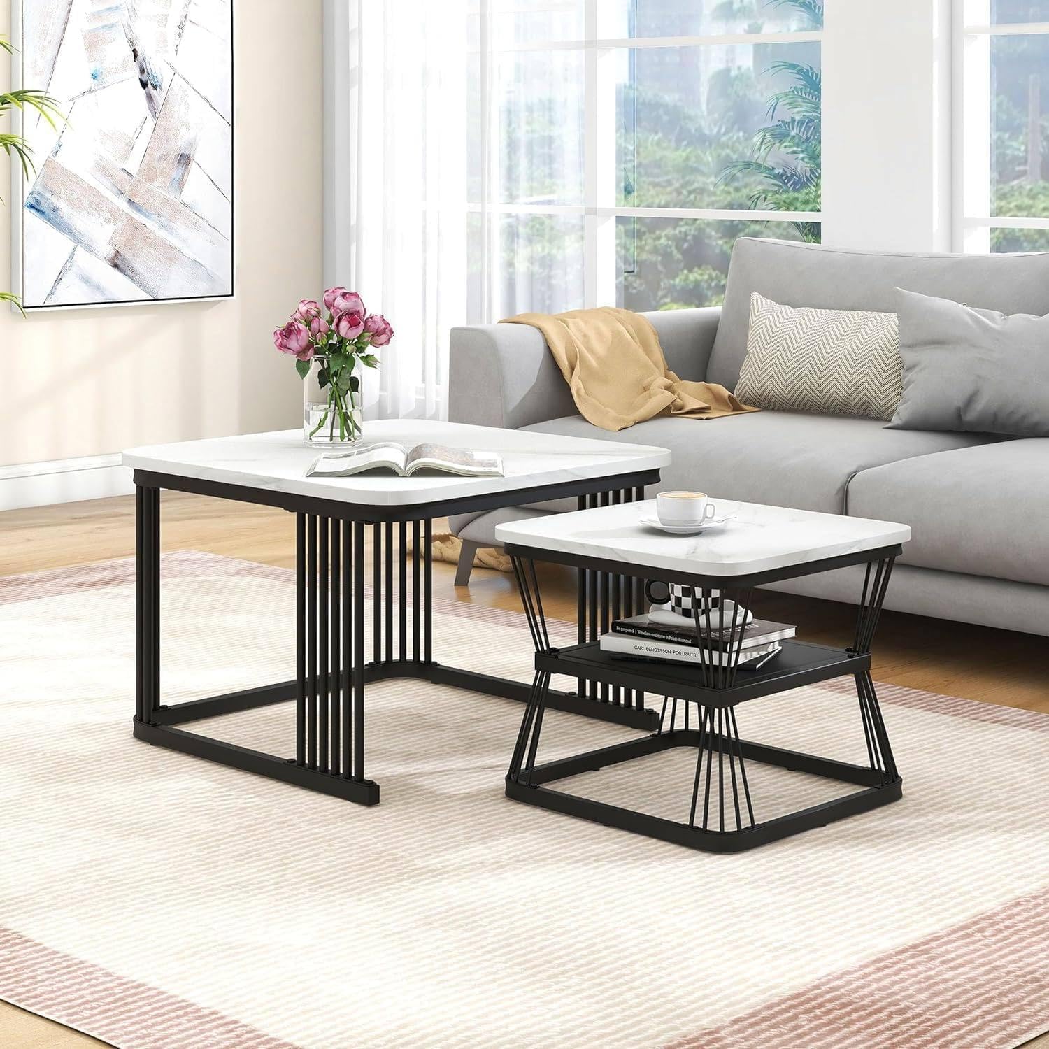 Coffee, Nesting, Side, and Center Tables for The Living Room, Drawing Room, or Balcony with an Iron Frame and Marble MDF End Table Sofa Centre Table (Black White)-image-37