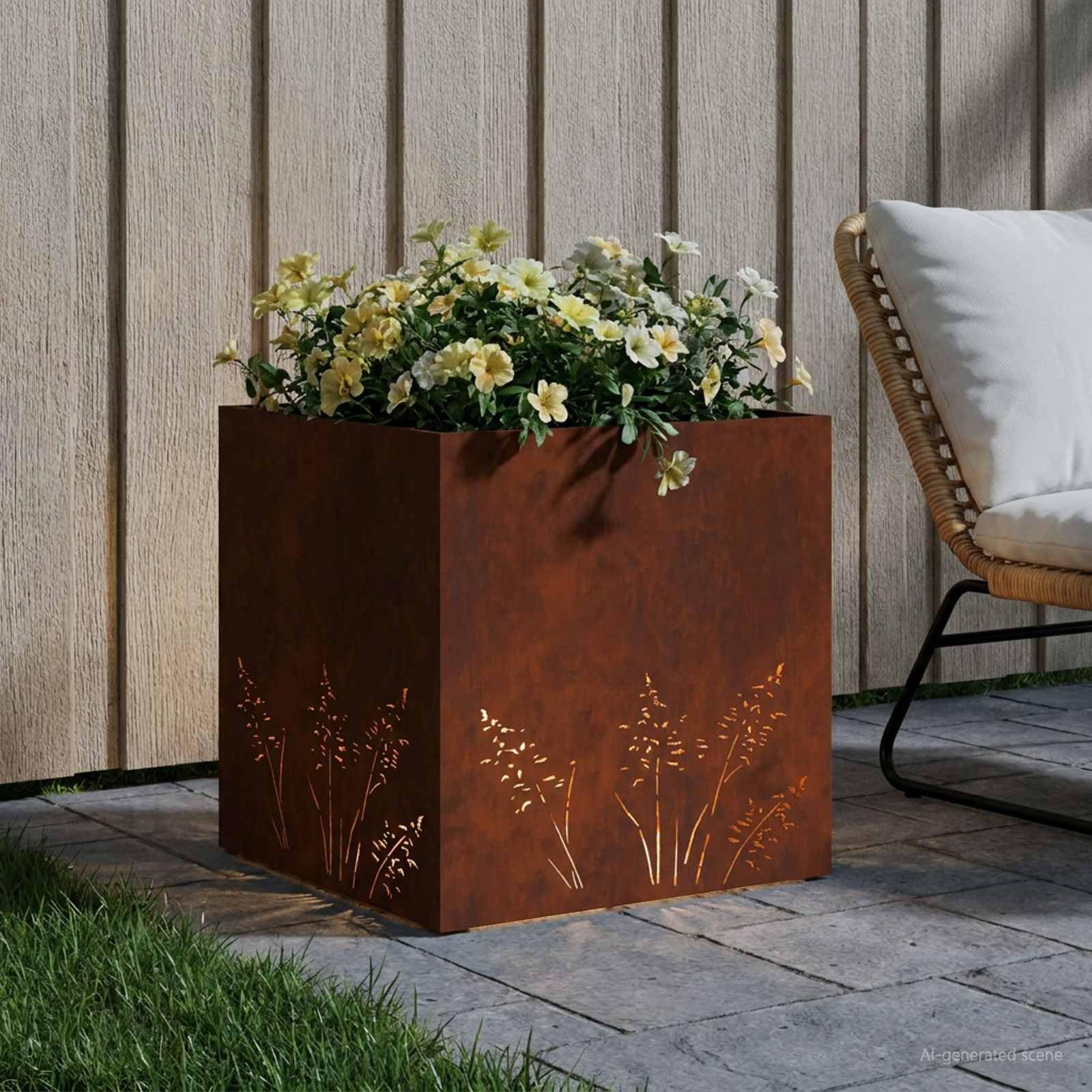 Macetero de jardín con aspecto oxidado, 50 x 50 x 49 cm, acero resistente a la intemperie para exteriores, moderna cama rectangular de jardín, resistente a la intemperie y a los rayos UV