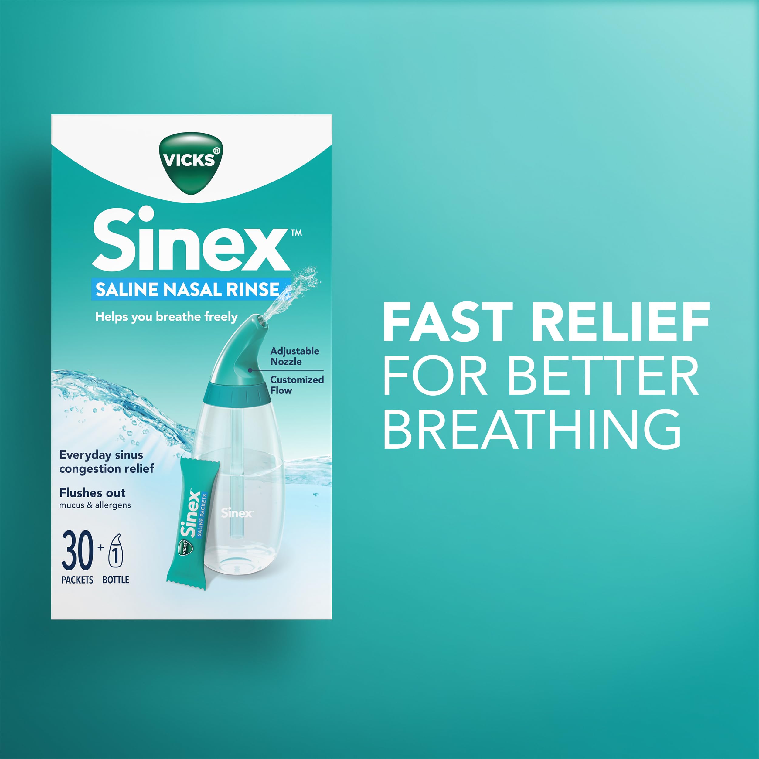 Vicks Sinex Saline Nasal Rinse Starter Kit, Drug Free Saline, Flush Out Mucus and Allergens, Fast & Effective Relief for Everyday Congestion from Sinus & Allergy, 1 Bottle + 30 Refill Packets — Amazon image 9