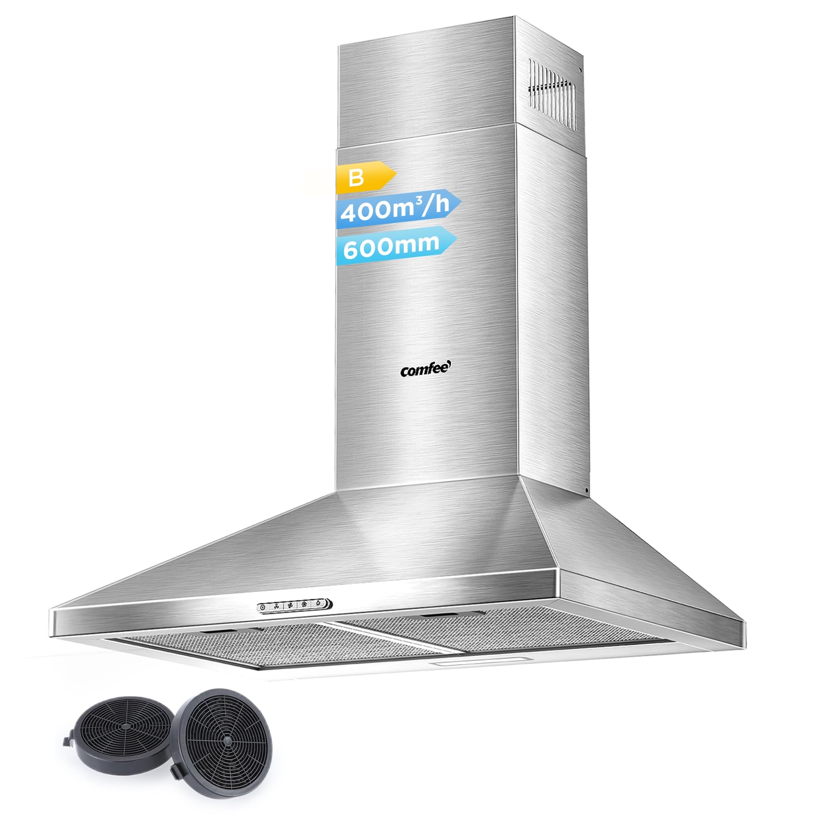 COMFEE' Cappa Aspirante 60 cm PYRA17SS-60 Acciaio Inossidabile Cappa Cucina con LED, Sistema di Ricircolo e Canalizzazione e Filtri a Carbone