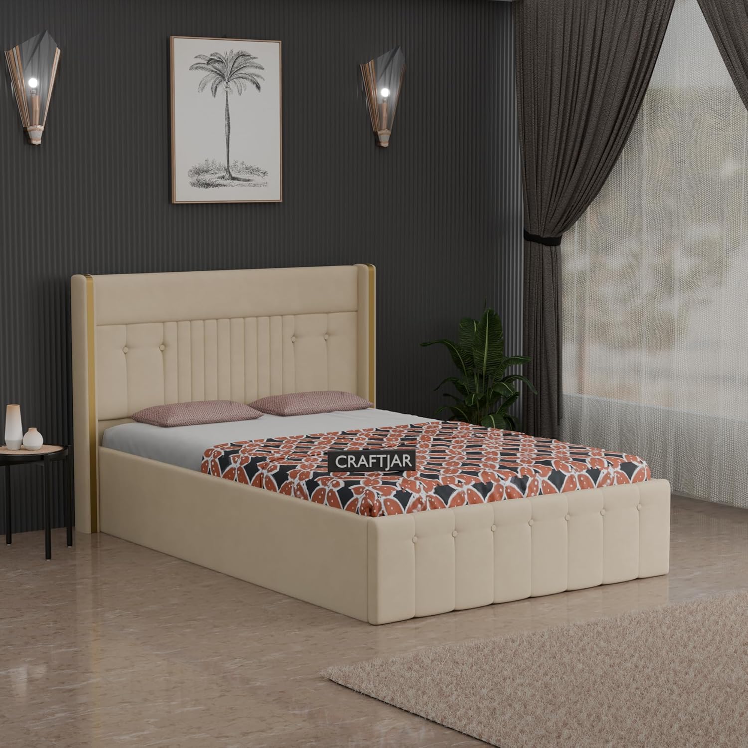 Premium Upholstered Bed with Box Storage | Luxury Fabric Double Bed with Tall Wingback Headboard, Vertical Tufting & Strong Wooden Frame-image-16