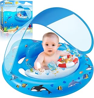 Baby Pool Float with Canopy UPF50+ Sun Protection, Inflatable Kids Pool Floats with Toy