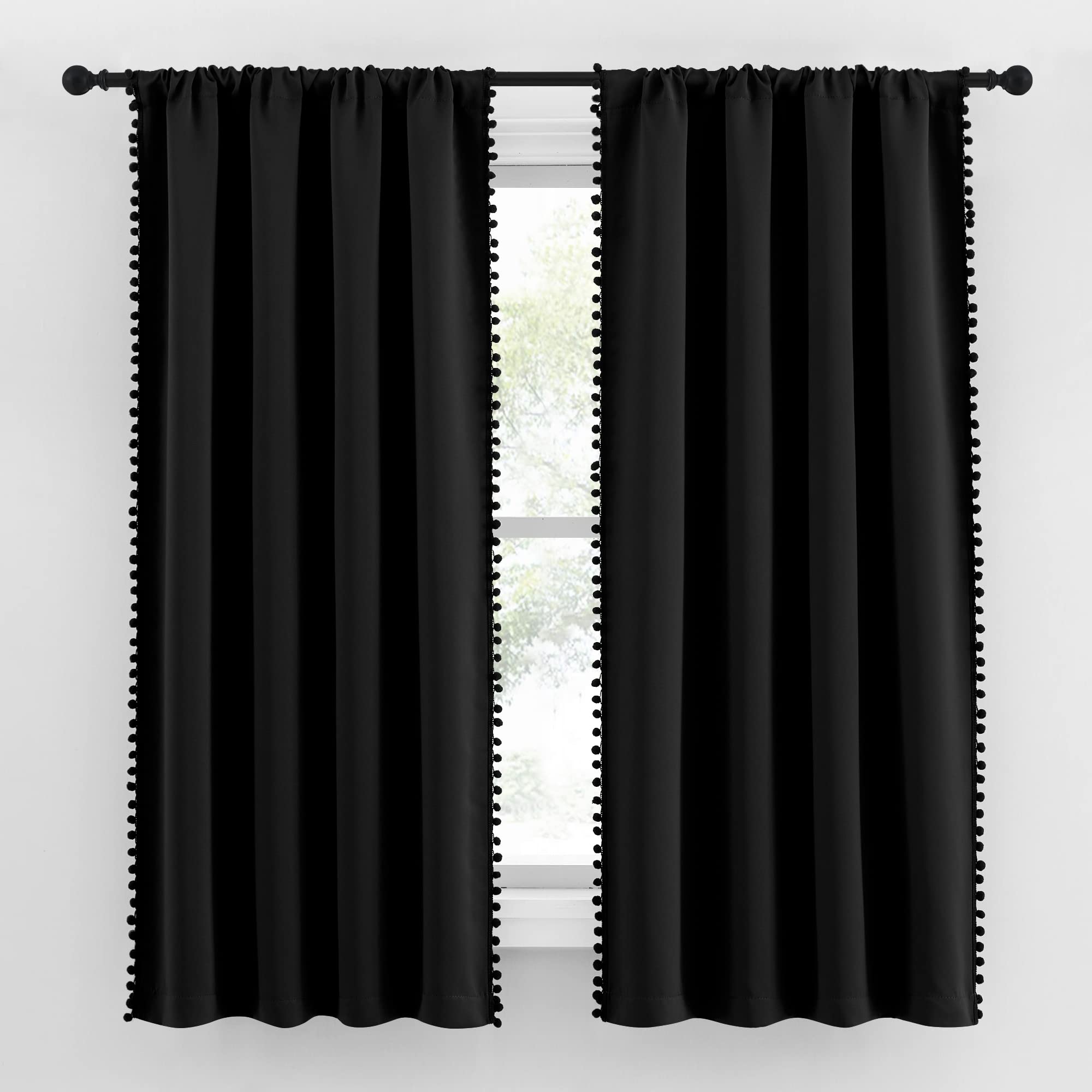 NICETOWN 2 Panels Blackout Curtains, Rod Pocket Jet Black Pom-poms Curtain Drapes - Image 2