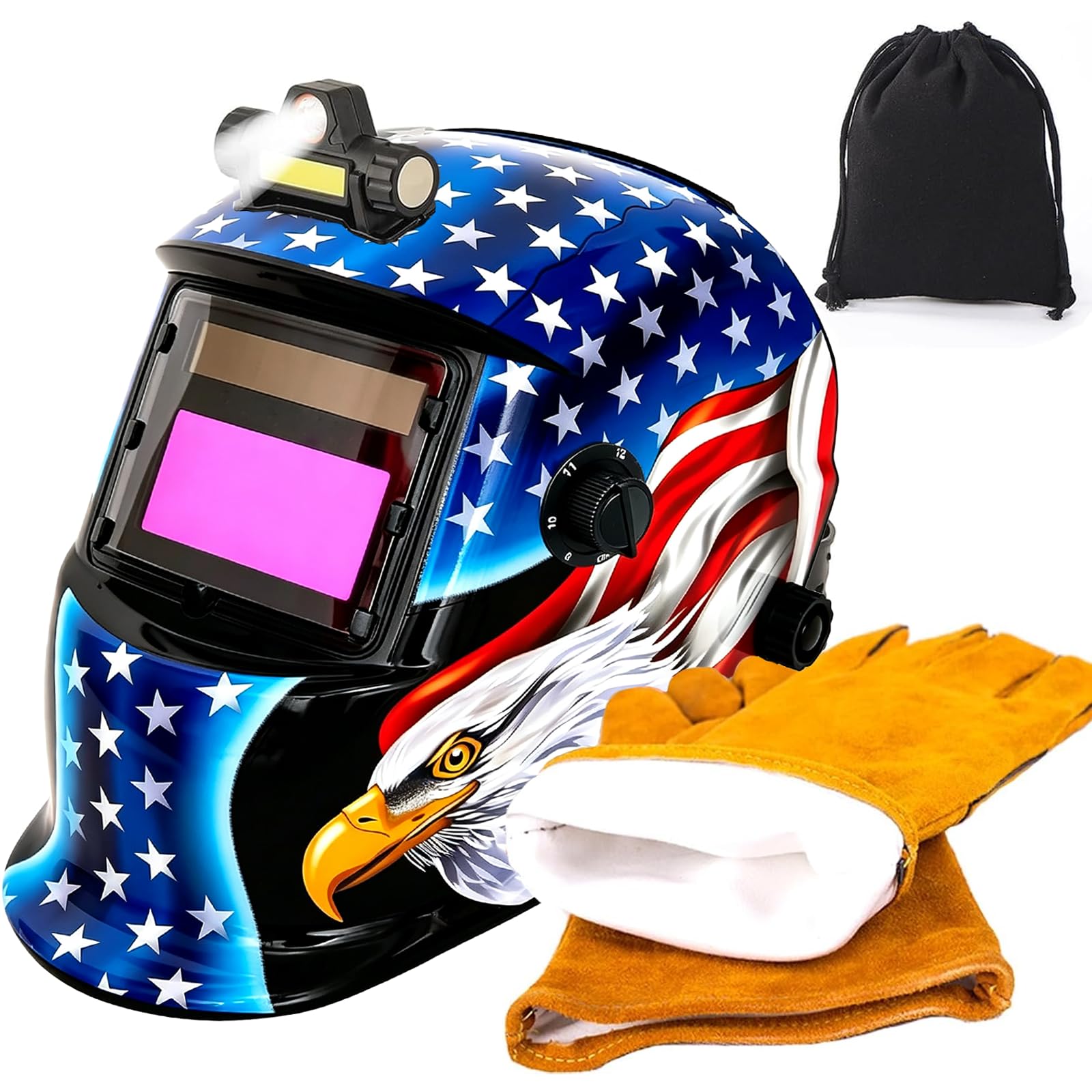 WR01A Welding Helmet Auto Darkening with LED Light True Color Solar Powered Welder Hood with Adjustable Shade Range 4/9-13 for Mig Tig Arc Welding Mask（Star-Spangled Eagle）