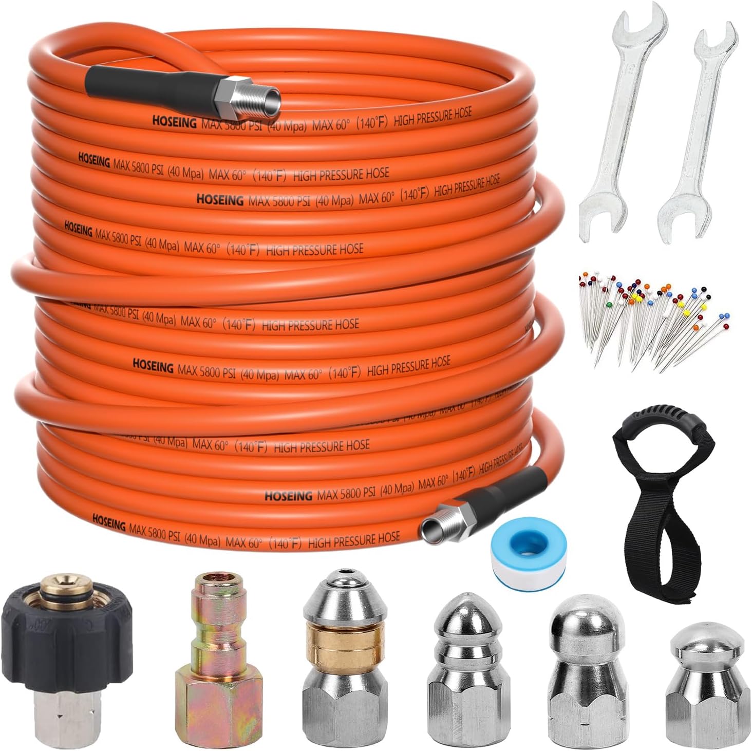 100FT Pressure Washer Sewer Jetter Kit, 5800 PSI Water Jet Drain Cleaner Hose with Corner Rotating Button Nose Nozzle, Sewer Jetting Nozzles Kit with Spanner Handle Strap 100 FT Orange