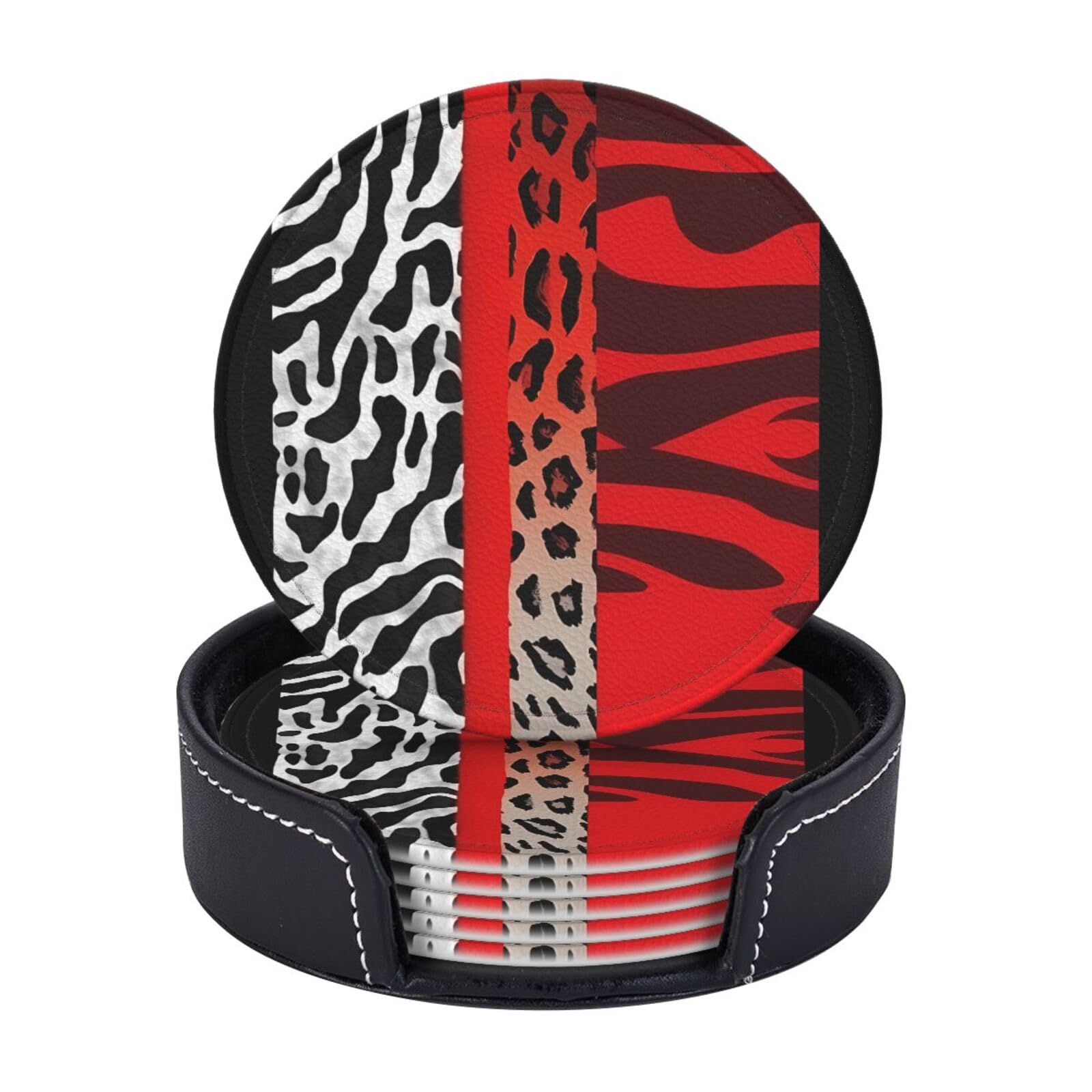 Round Coasters for Drinks Set of 6 - PU Leather Coasters with Holder - Modern Drink Coasters for Coffee Table - Red Leopard and Zebra Animal Coaster for Tabletop Protection 4" Cup Mat Pad