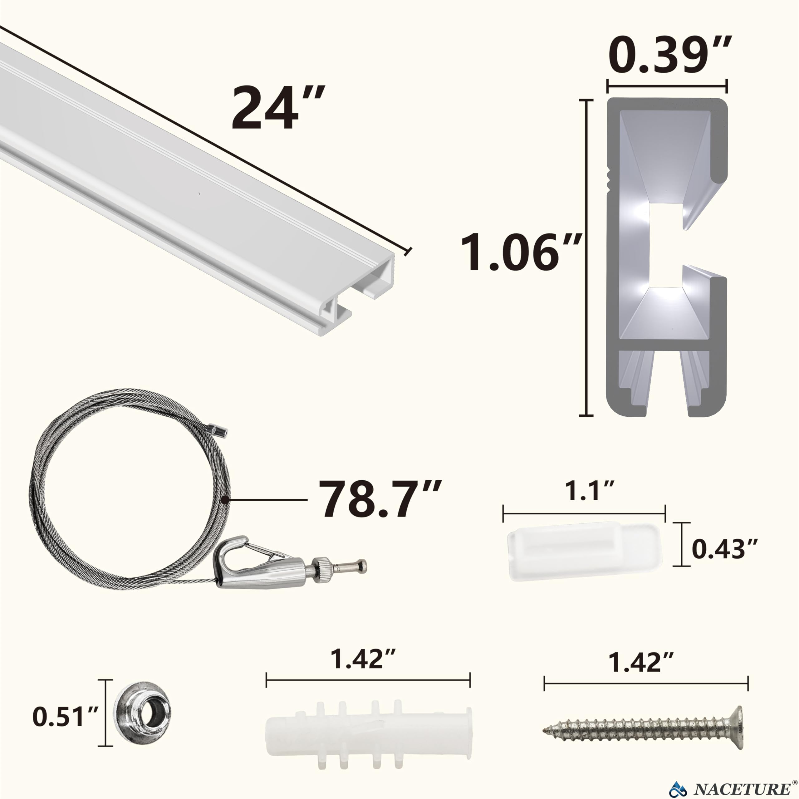 Bilderschienen-Aufhängesystem - 8-teiliges Foto-Aufhängeset mit 8 x 61 cm Bilderschienen und 8 Stück 2 m Bildaufhänge-Drahthaken - elegantes Kunstaufhängesystem für Galerie, Haus, Dekoration
