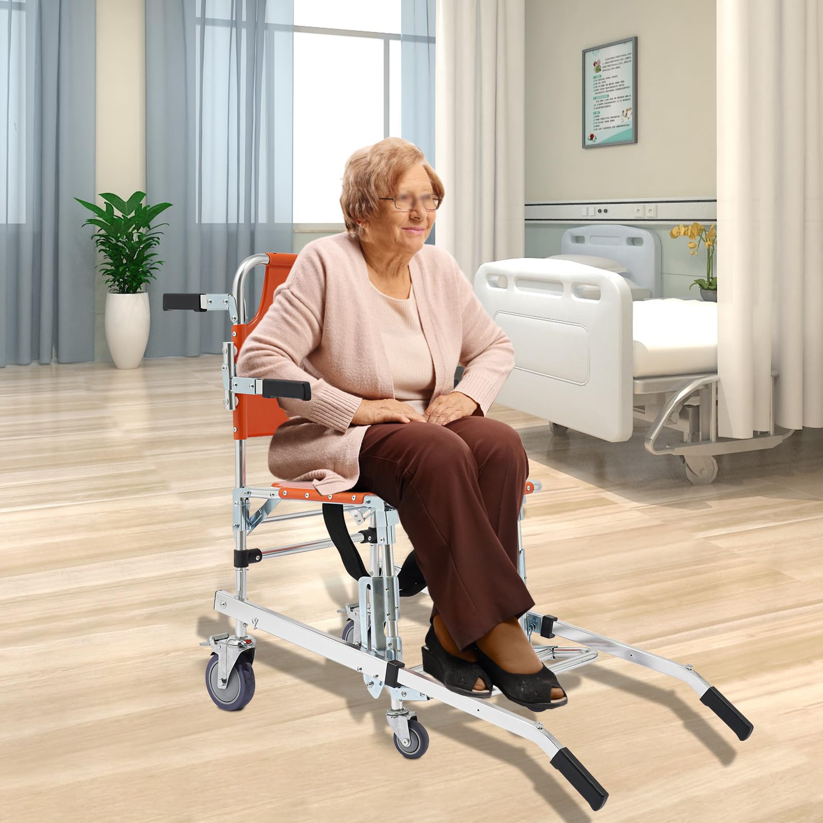 EMS - Silla de ruedas plegable para escaleras de aleación de aluminio, con 2 cinturones de seguridad, plegable hasta 159 kg