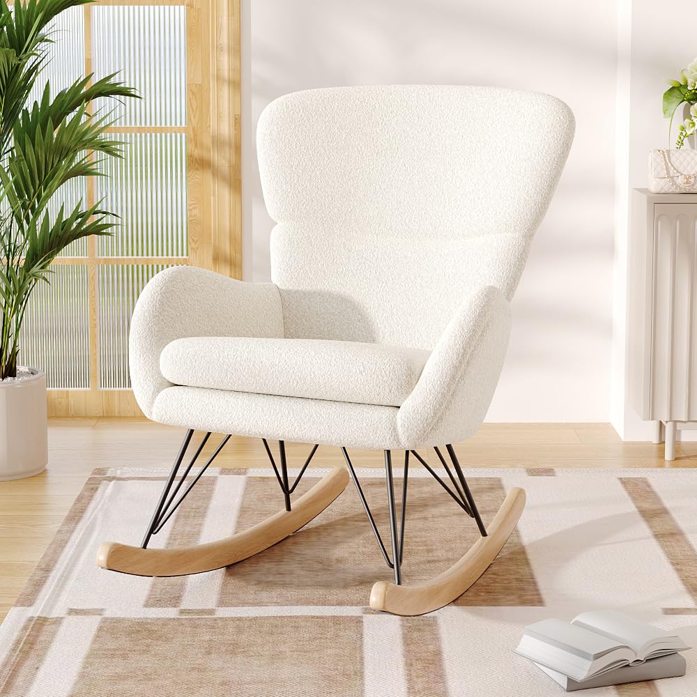 Warmiehomy Comfy Rocking Chair for Living Room Bedroom Office Relaxing Reading Nursing Chair Armchair with High Back Cozy Tufted Teddy Velvet Rocking Occasional Tub Chairs, Beige