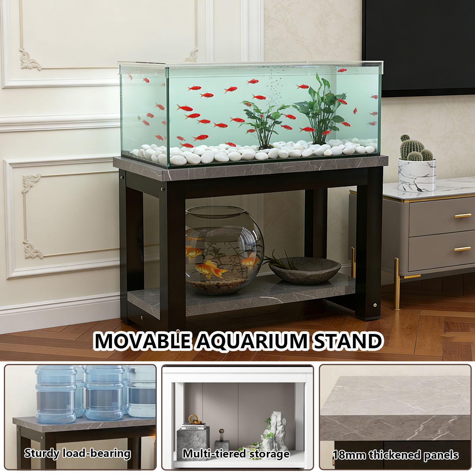 Soporte Suelo para Pecera Soporte Acuario 2 Capas Mesa para Acuario FáCil Montar Acero Engrosado 5 X 5 Cm Gran Capacidad Carga Adecuado para Uso DoméStico Black + Grey Stone Veins 50x30cm/19.7x11.8in