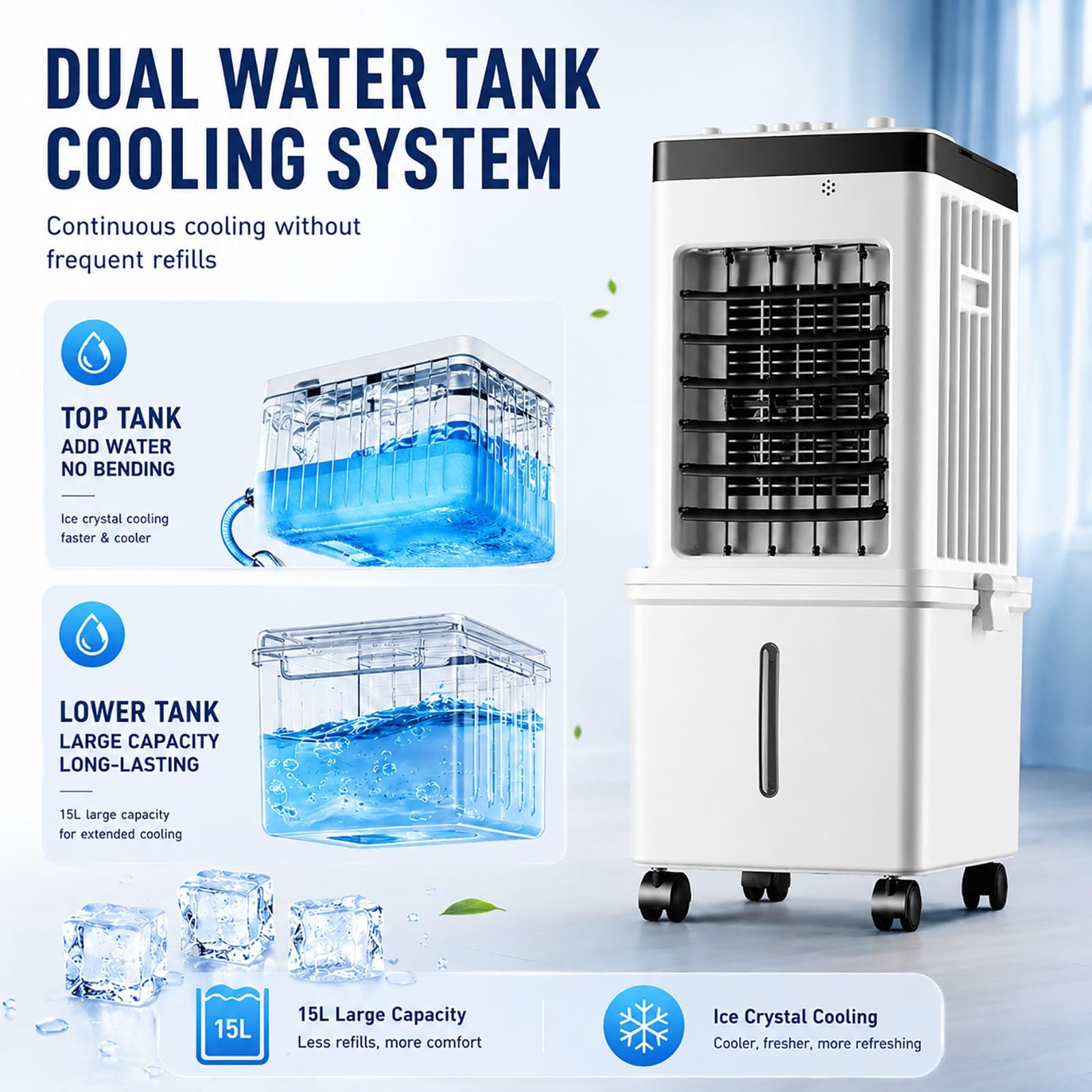 Climatizador Evaporativo, 15L Enfriador de Aire Portátil con Oscilación 120°, Ventilador Silencioso 3 Velocidades, Modos