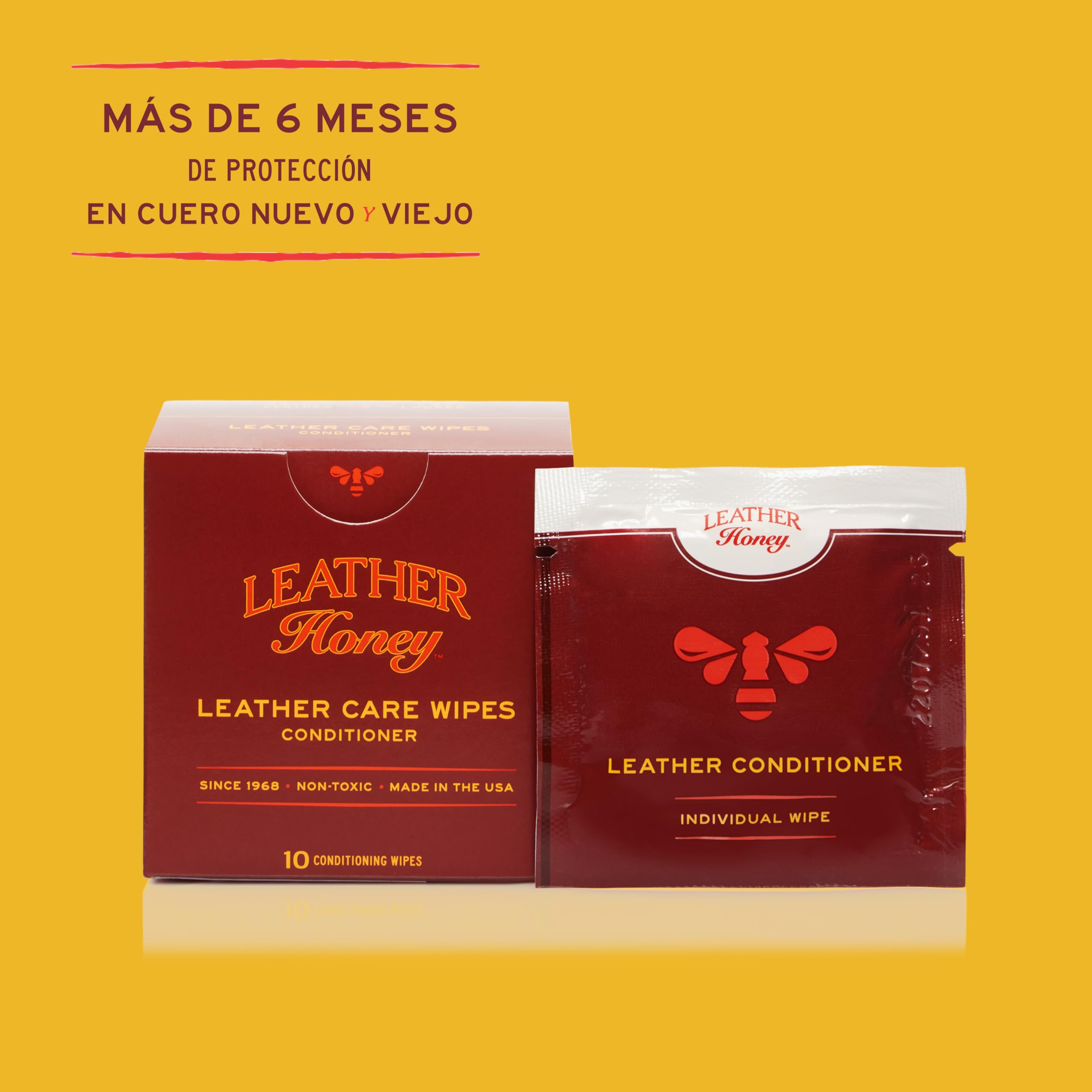 Leather Honey Toallitas acondicionadoras: Repara el cuero sobre la marcha. Protege y acondiciona sofás, asientos, bolsos, zapatos, mochilas y accesorios. 10 toallitas inocuas y listas para usar