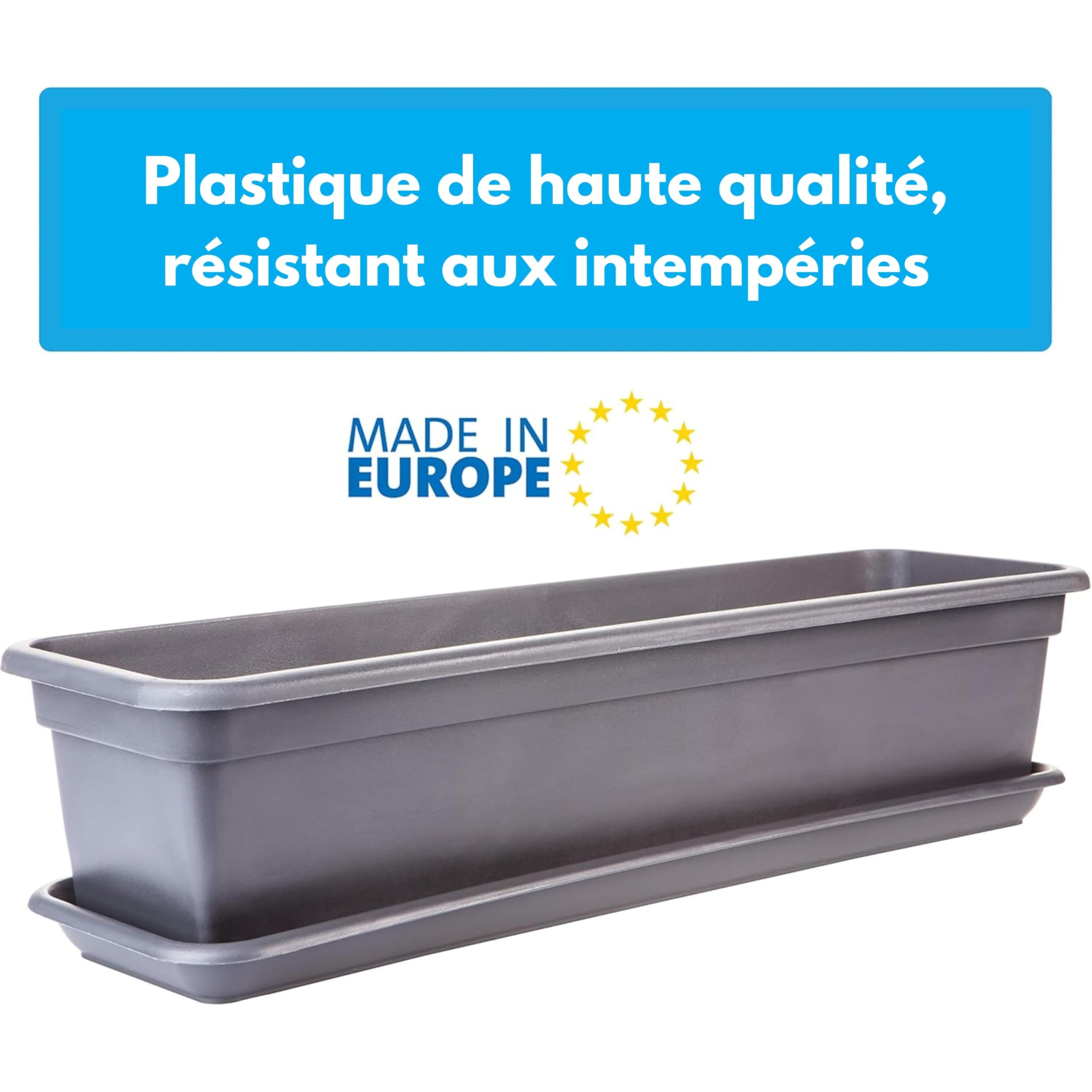 2friends Carl Lot de 6 jardinières de balcon avec soucoupe, 80 cm, en plastique de haute qualité, anthracite, rectangulaire, modèle : Carl, fabriqué en UE