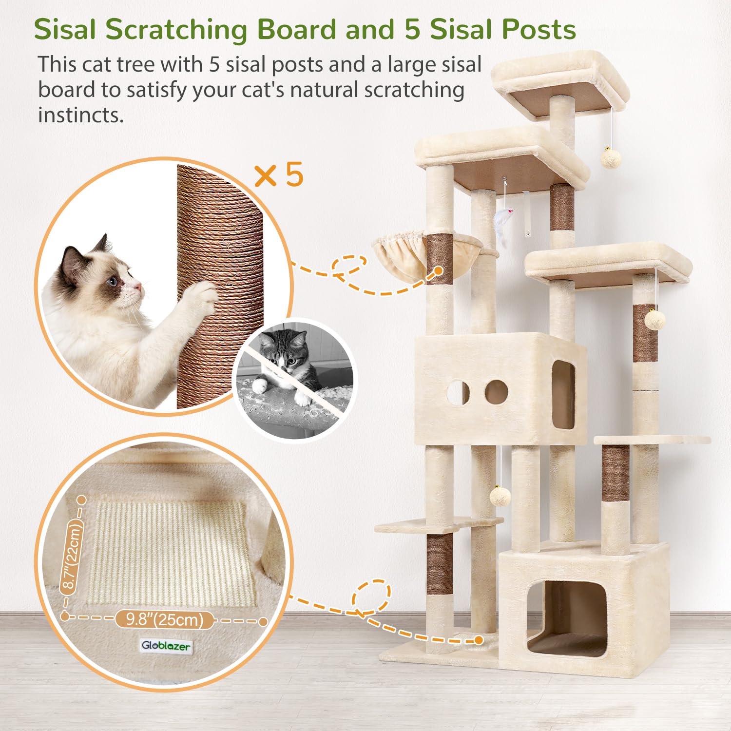 Globlazer Beige Arbre a Chat XXL pour Gros Chats 203 cm avec 2 Grande Niches 45*40*35cm, 2 Vaste Plate-Forme, Perchoir, Griffoir en Sisal, Panier, Arbres à Chat pour Grand Chats Adulte (F80E, Beige)